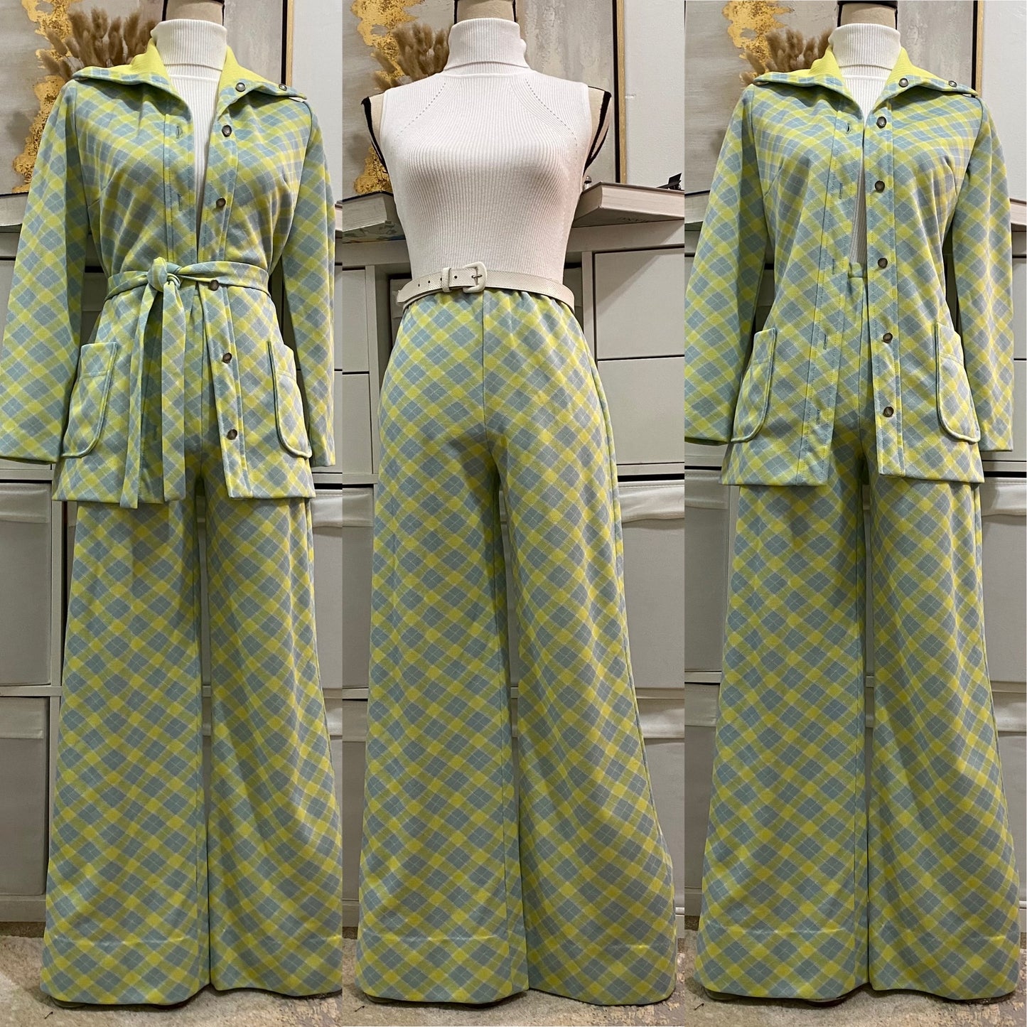 60s-70s 3PC Plaid Leisure/Pantsuit (S-M, 20"-30"W)