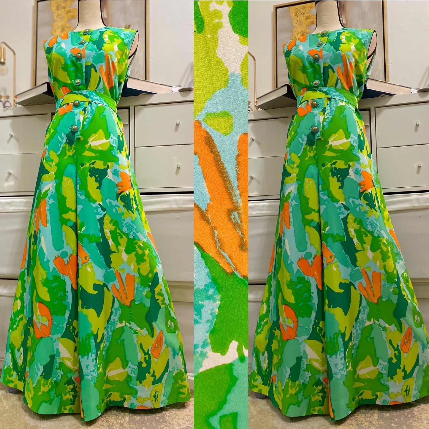 60s-70s Bright Abstract Wide Leg Jumpsuit (L)