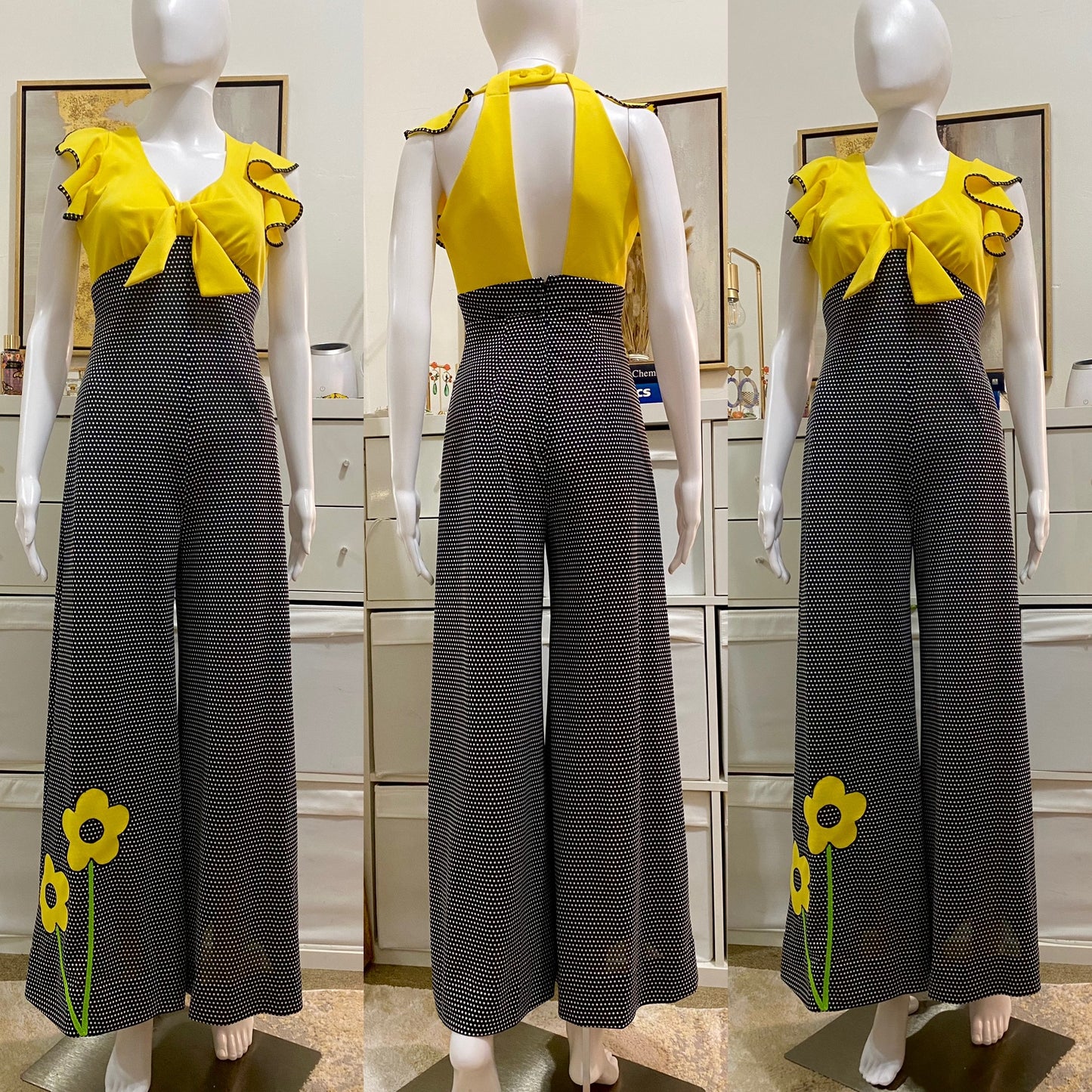 70s Floral Polka Dot Bell Bottom Ruffles Jumpsuit (XS-S)