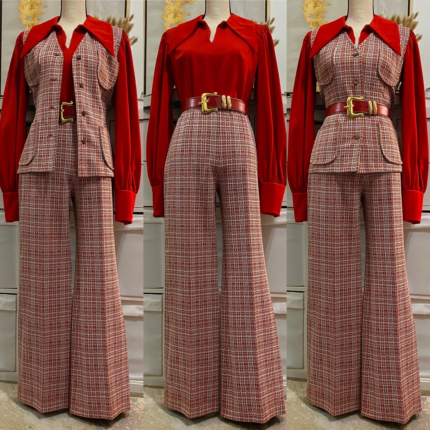 70's Plaid Wide Leg 2pc Vest Pantsuit (S-M)