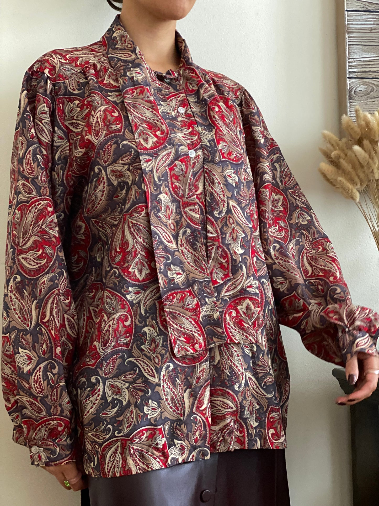 Paisley abstract bow collar oversized long sleeve blouse