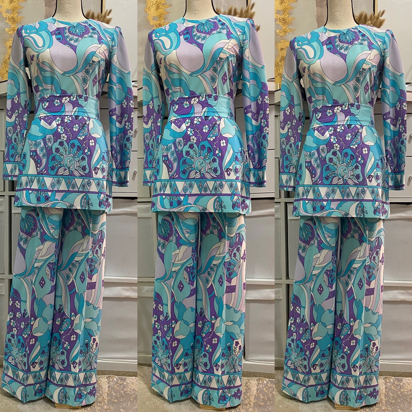 70’s Blue Abstract Mod 3PC Pantsuit (S-M)