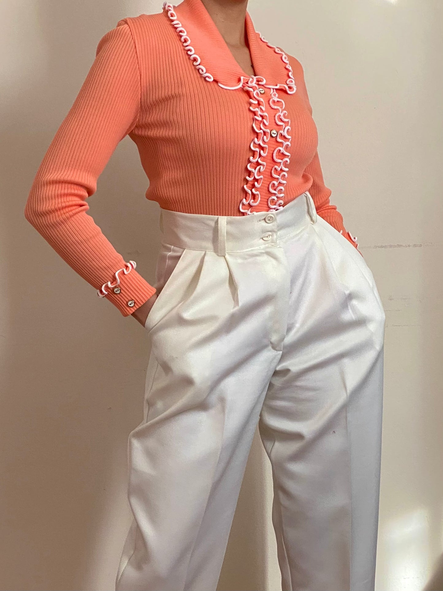 70's NOS Creamsicle Ruffle Trim Long Sleeve Top (XS-S)