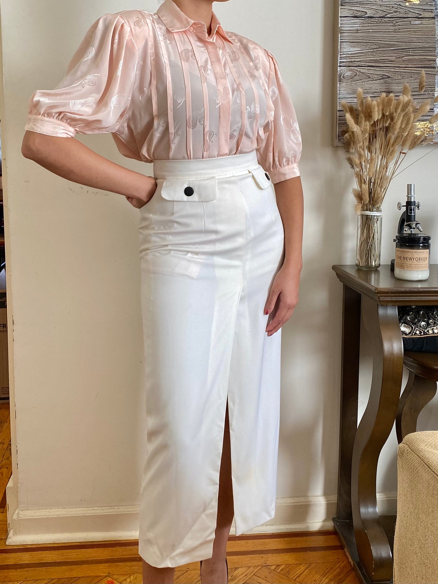 Button down Paisley Design Puff Short Sleeve Blouse (S)