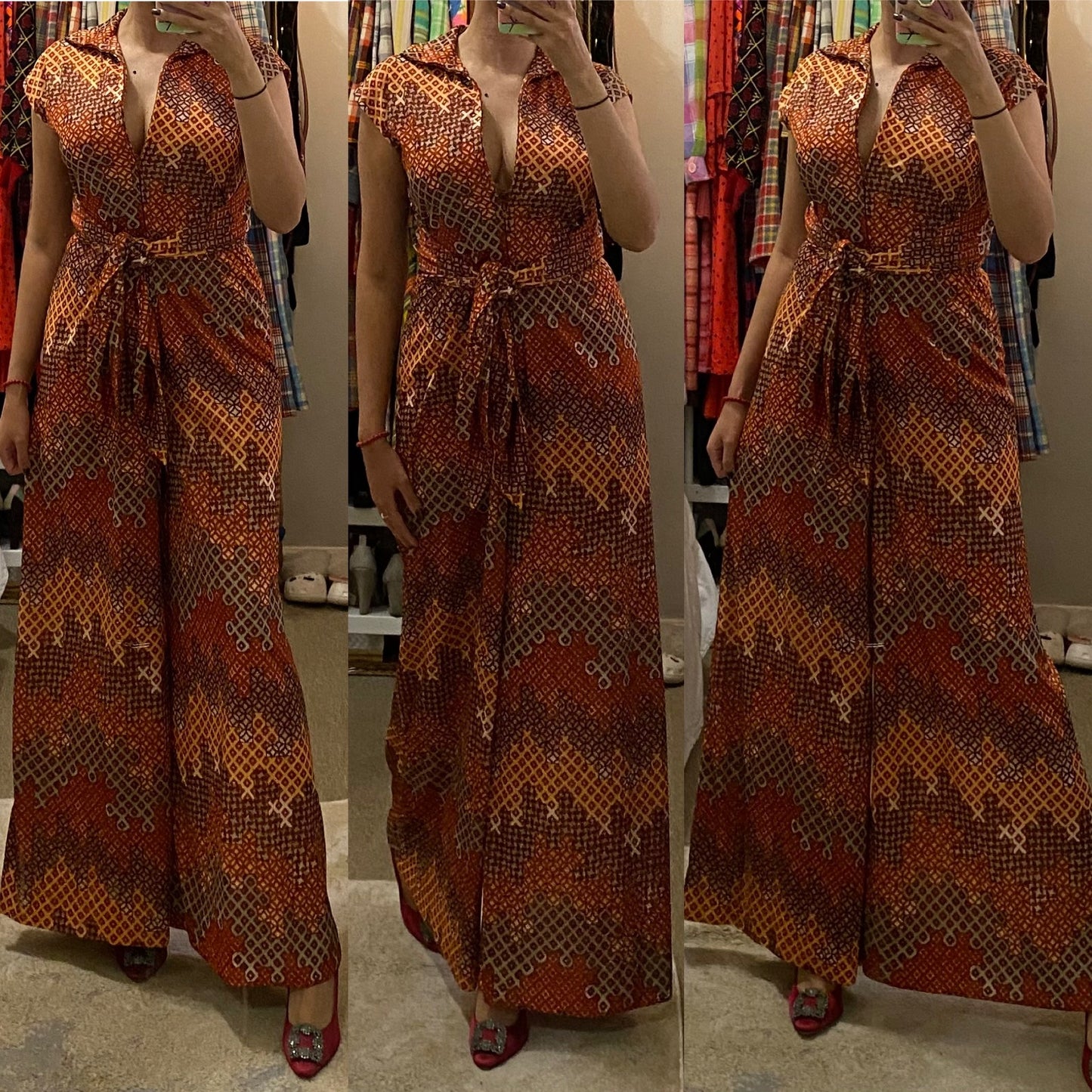 70's Abstract, Zippered Front Palazzo Jumpsuit (M-L, 34"W)