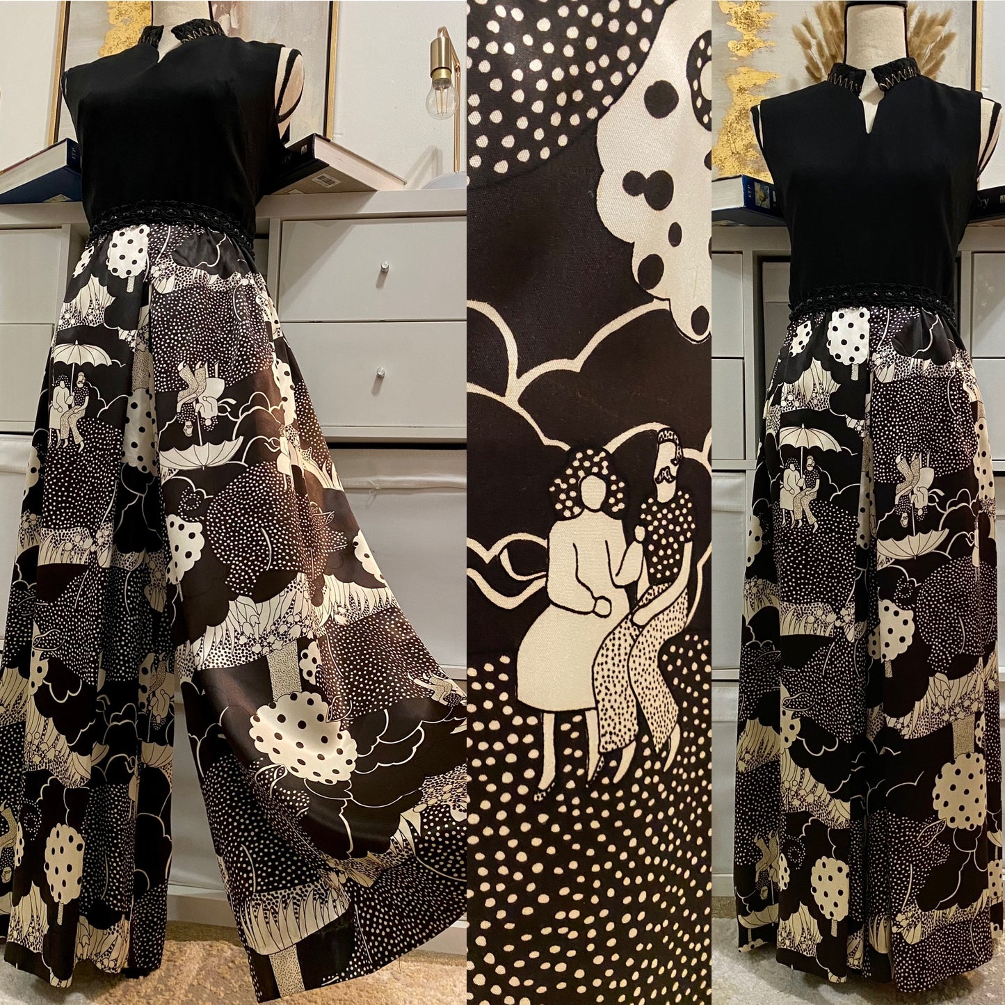 60's-70's Novelty Print Palazzo Sleeveless Jumpsuit (28"W)