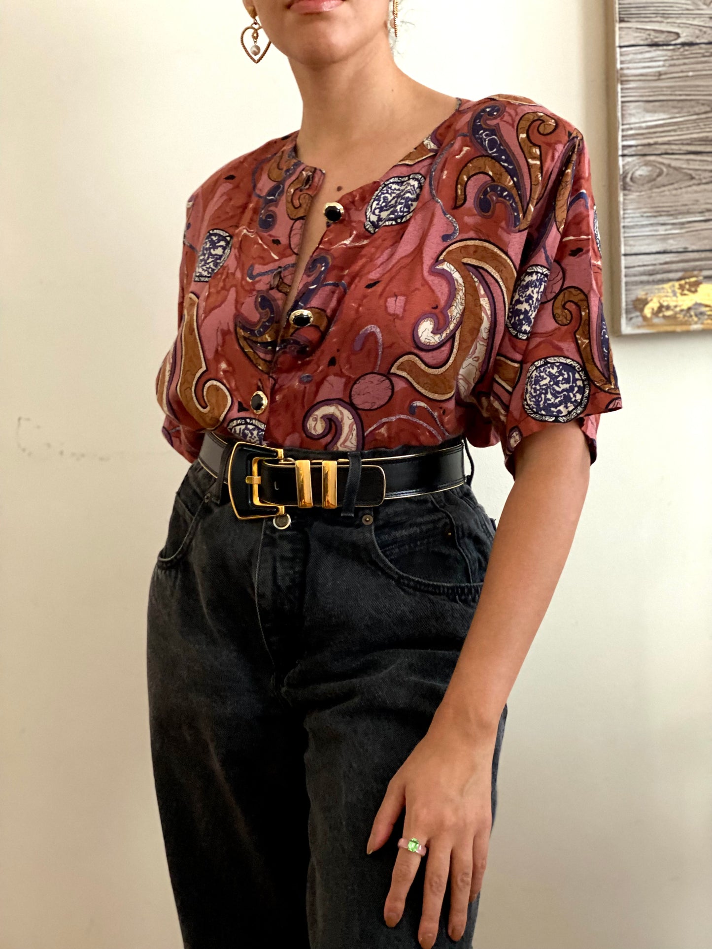 Boho Abstract Pattern with Decorative Buttons Short Sleeve Top