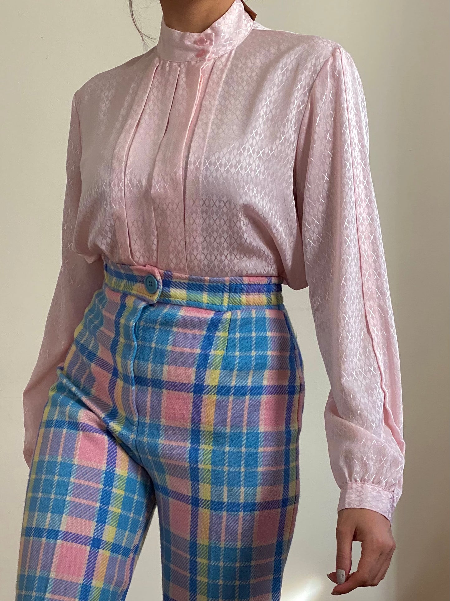 80's Pleated Front High Mock Neck Blouse (S)