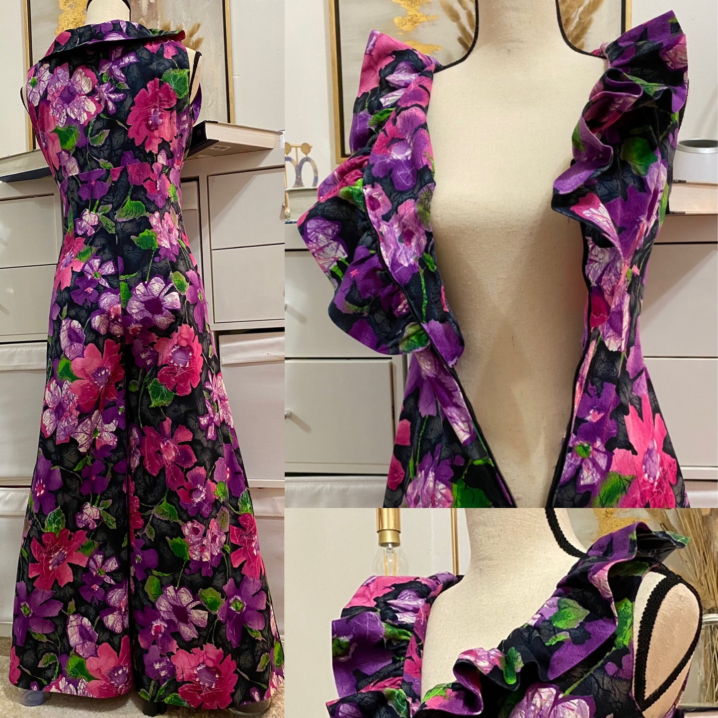 60's-70's Floral Ruffle Bell Bottom Jumpsuit (M)