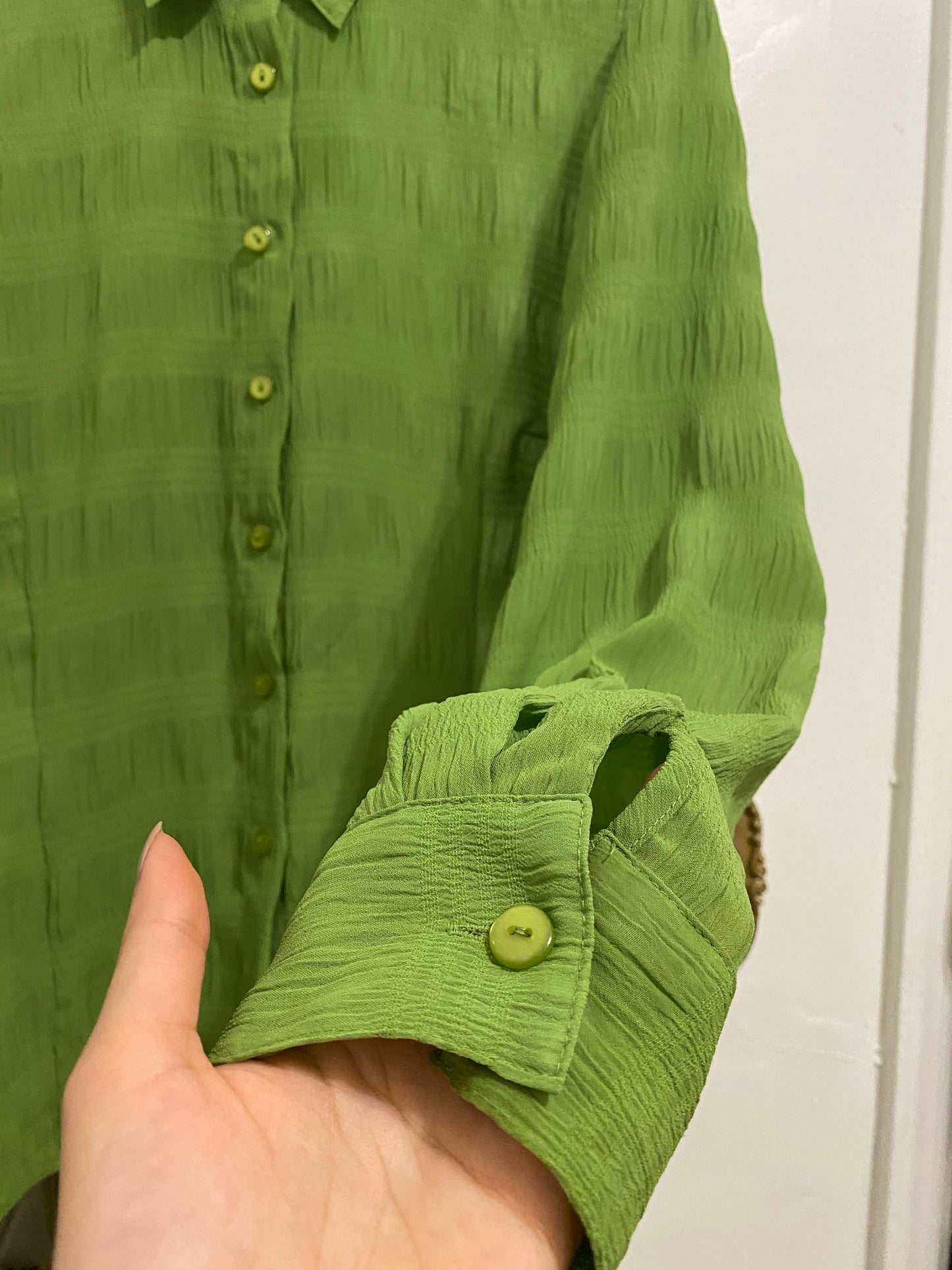 Textured Green Long Sleeve Button Up Blouse