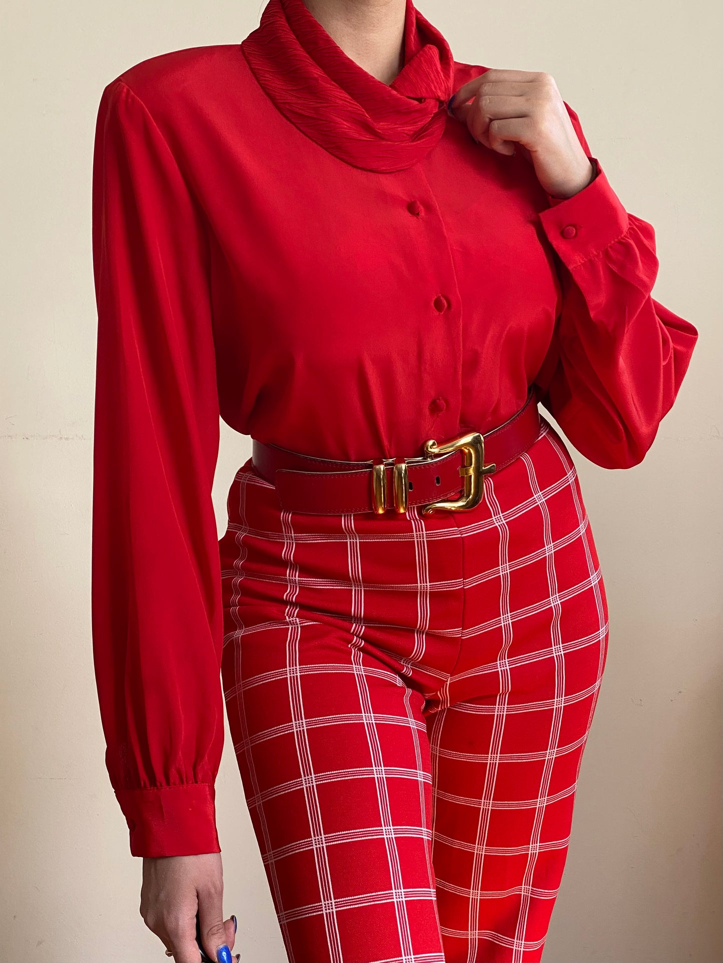 80's Crepe Shawl Neck Button Down Blouse (M-L)