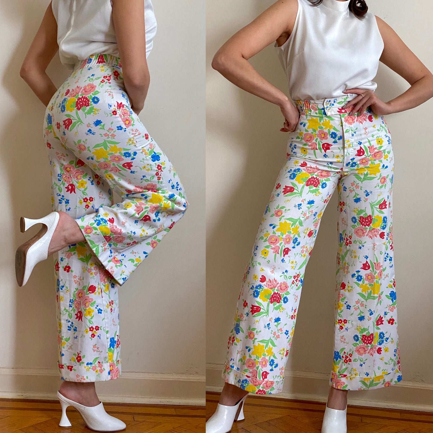70's Floral High Rise Bell Bottom Pants (XS-S)