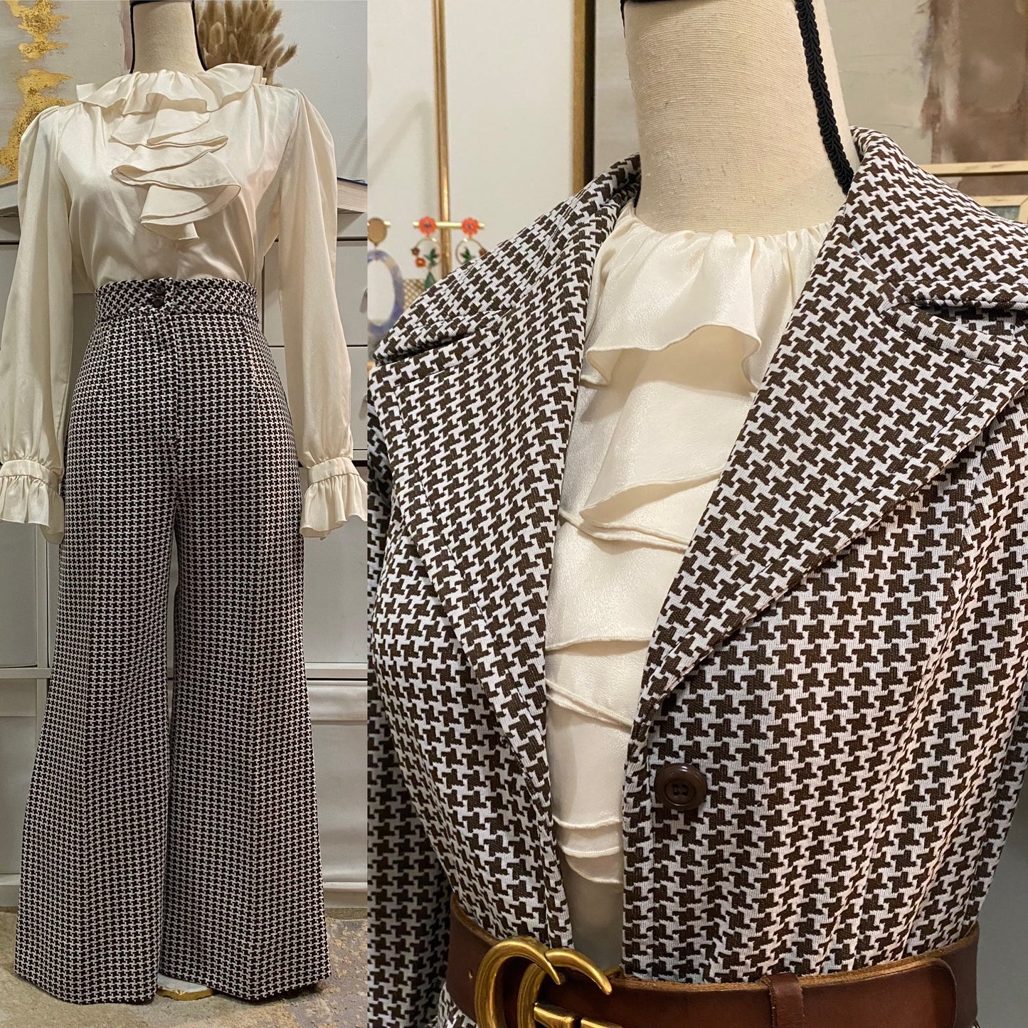60's-70's Houndstooth 2PC High Rise Bell Bottom Pantsuit Petite (XXS-XS)