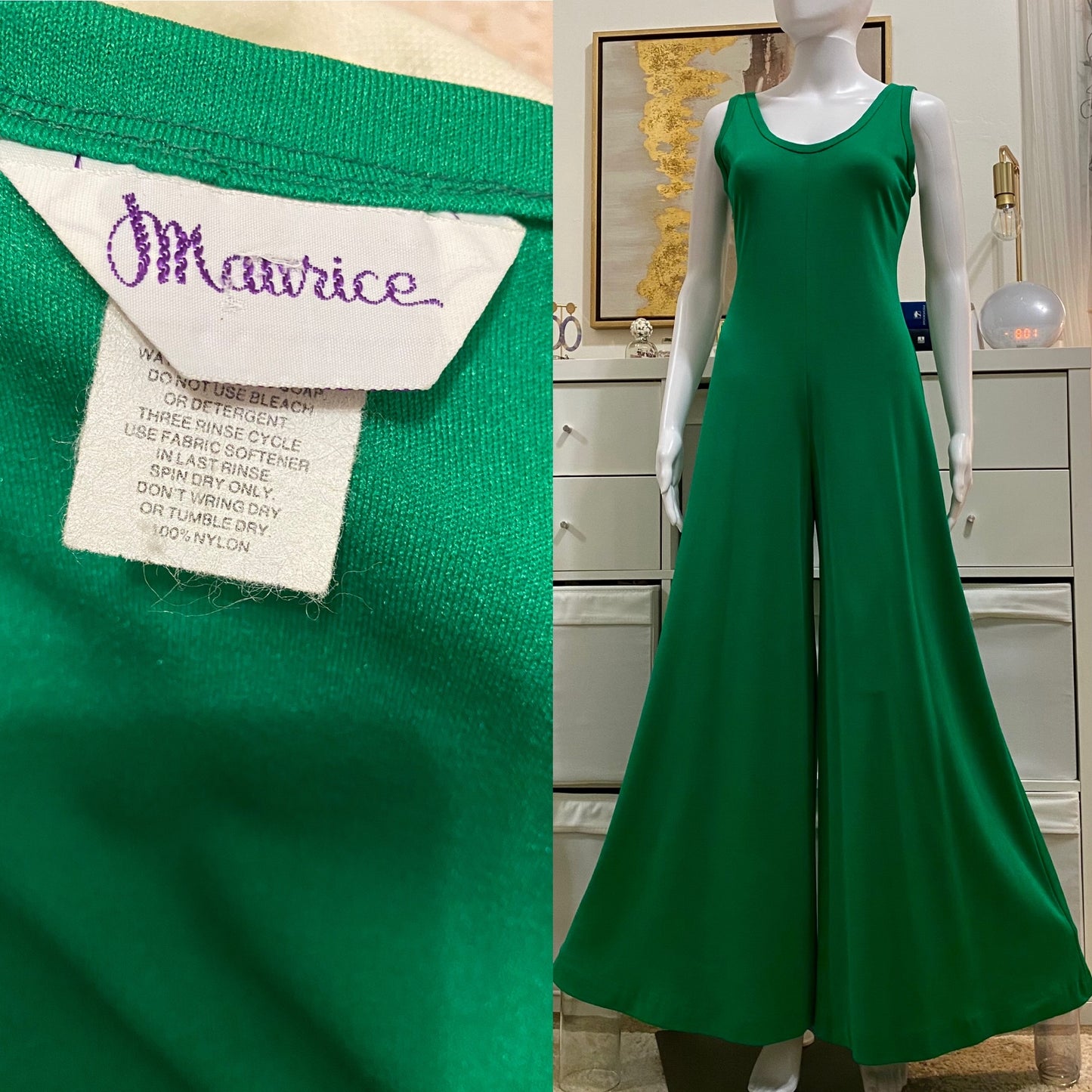 70's Green Disco 2-Piece Set - Bell Bottom Jumpsuit & Cardigan (M/L)