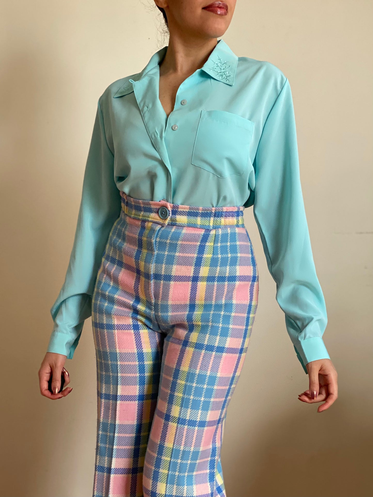 80's-90's Icy Blue Floral Collar Button Down Blouse (M)