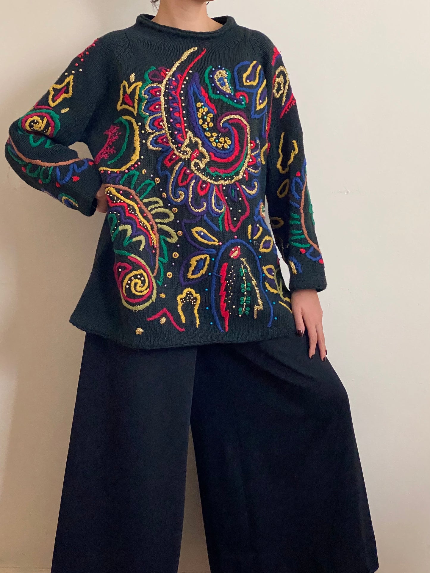 80's Ramie & Cotton Multicolored Embroidered Knit Sweater (OS)