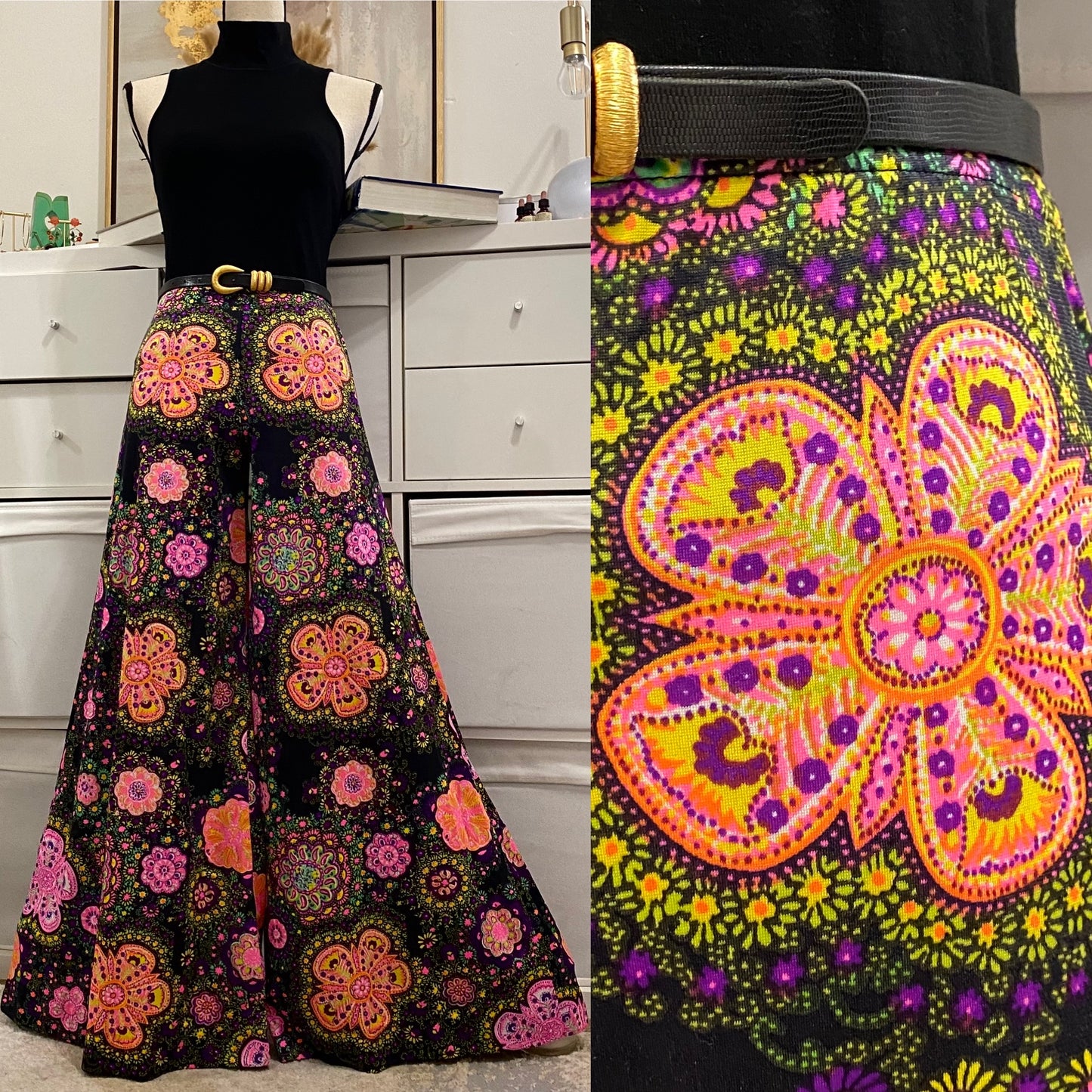 60s-70s Groovy , Psychedelic Low - Midrise Palazzo Pants (XS-M)