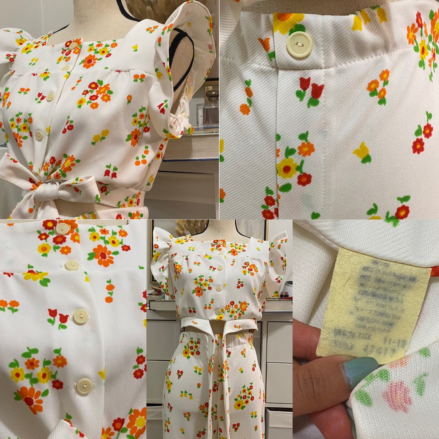 70s Floral 2pc Pant Set - Crop Top & Wide Leg Pants (M, 29”-31”W)