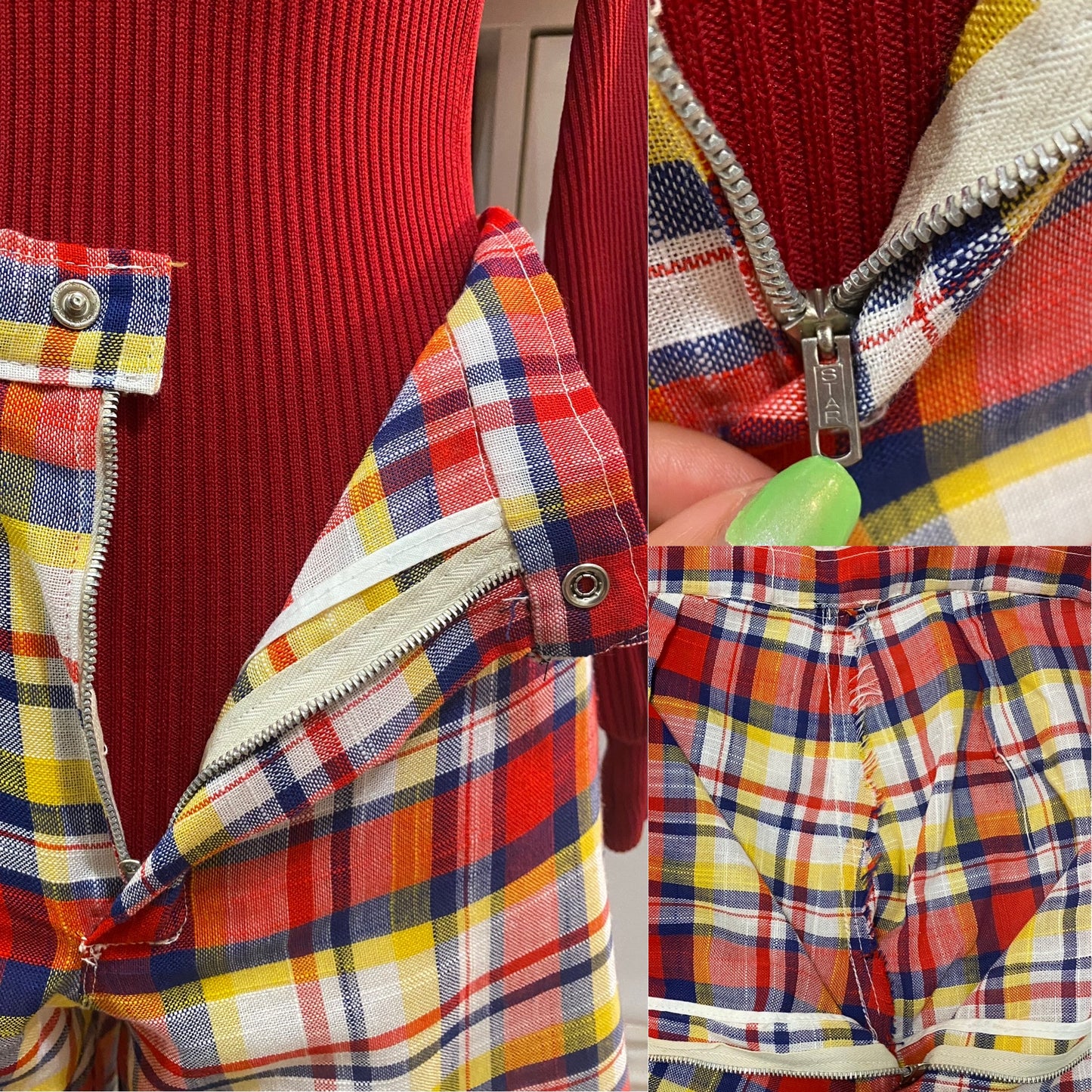 70s Midrise, Primary Colors, Plaid Bell Bottom Pants (S, 29"W)