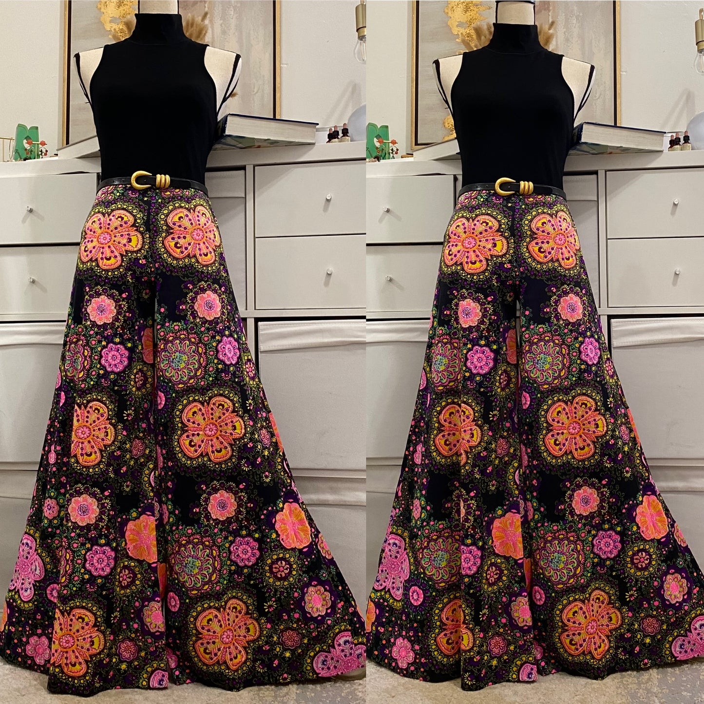 60s-70s Groovy , Psychedelic Low - Midrise Palazzo Pants (XS-M)
