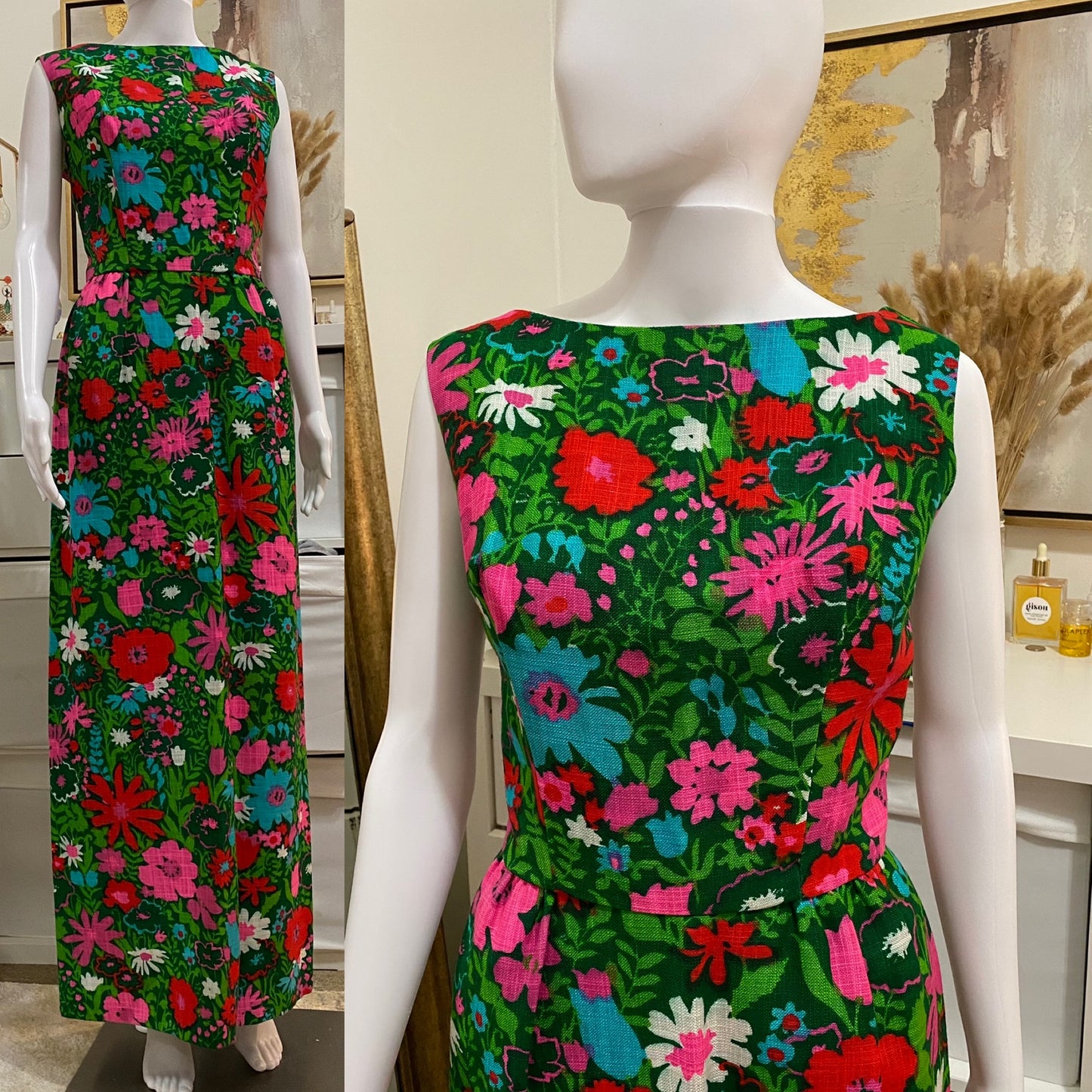 60’s-70’s Floral Maxi Dress with Plunging Back (M)