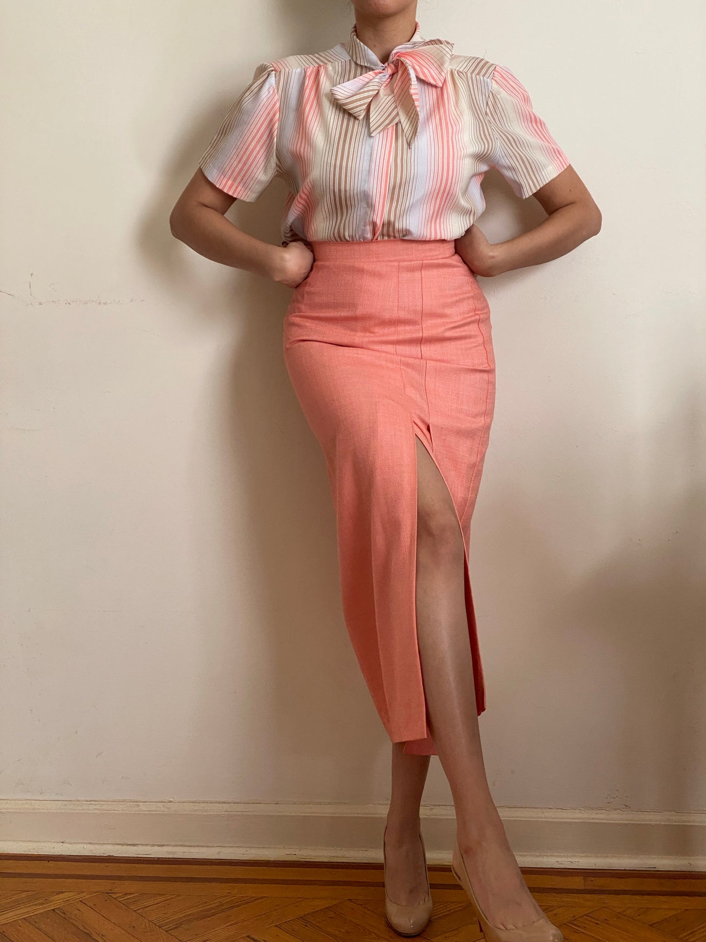 80s-90s Peach Escada Slit Silk & Wool Maxi Skirt (XS)