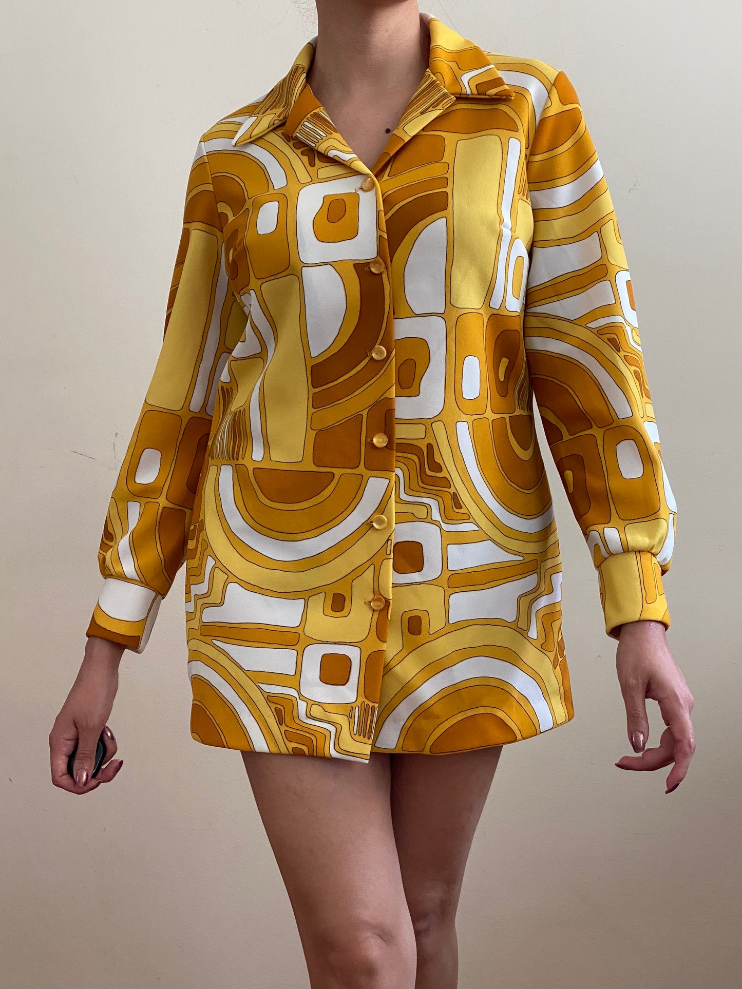 60s 70s Geometric Mod Micro Mini/Blouse w/ Long sleeve (M-L)