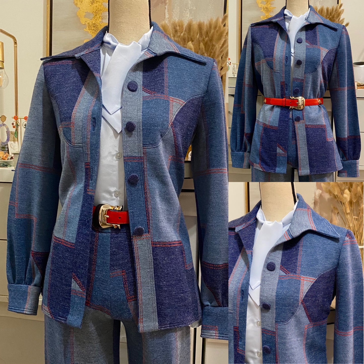 70's Faux-Denim Look Patchwork 2PC Pantsuit (M)
