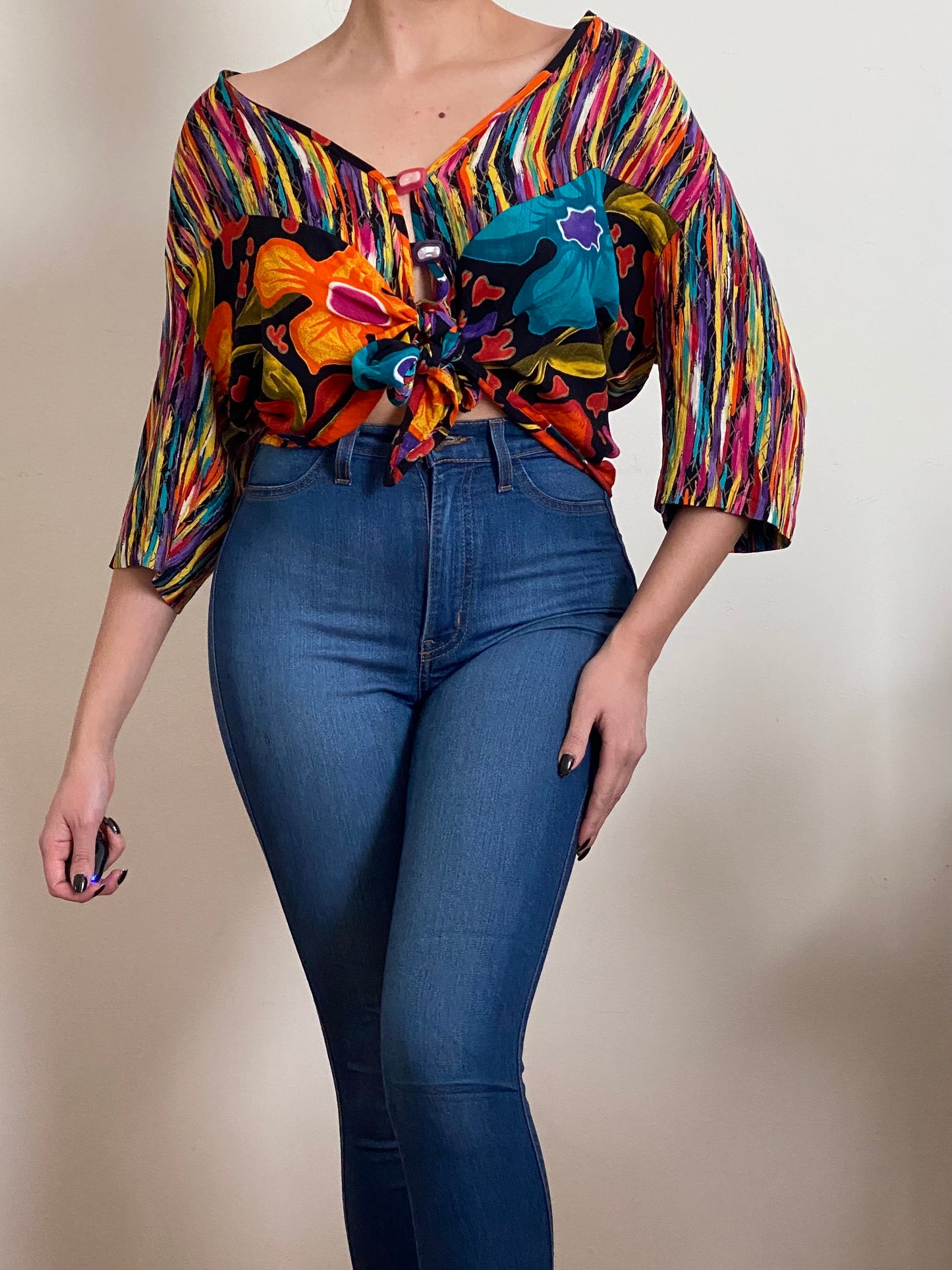 90's Multicolor Cropped Tie Knot Top (S-M)