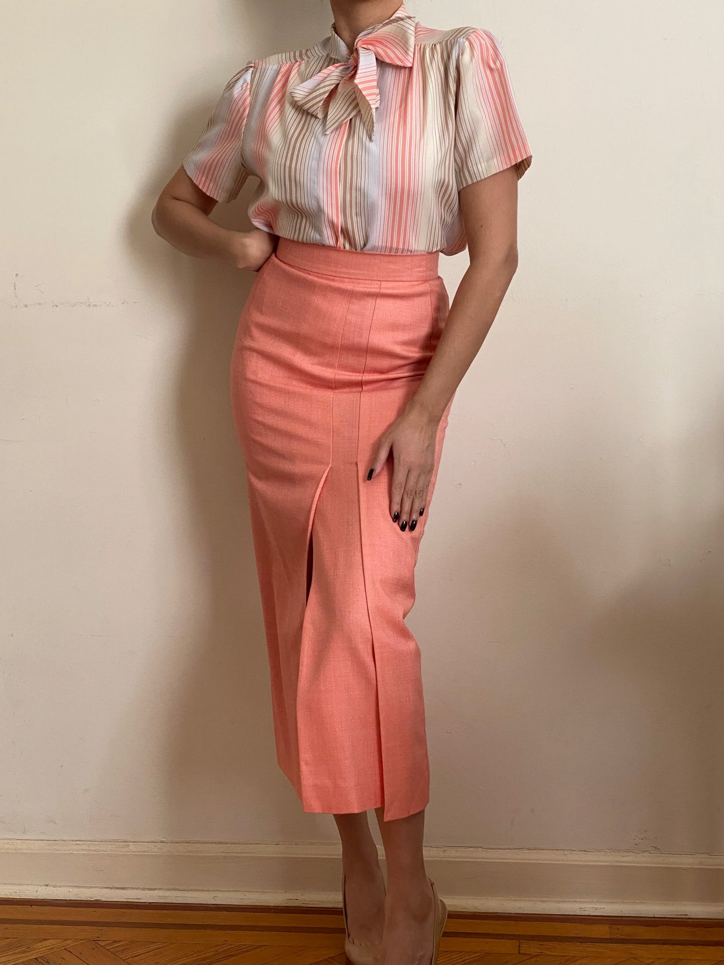 80s-90s Peach Escada Slit Silk & Wool Maxi Skirt (XS)