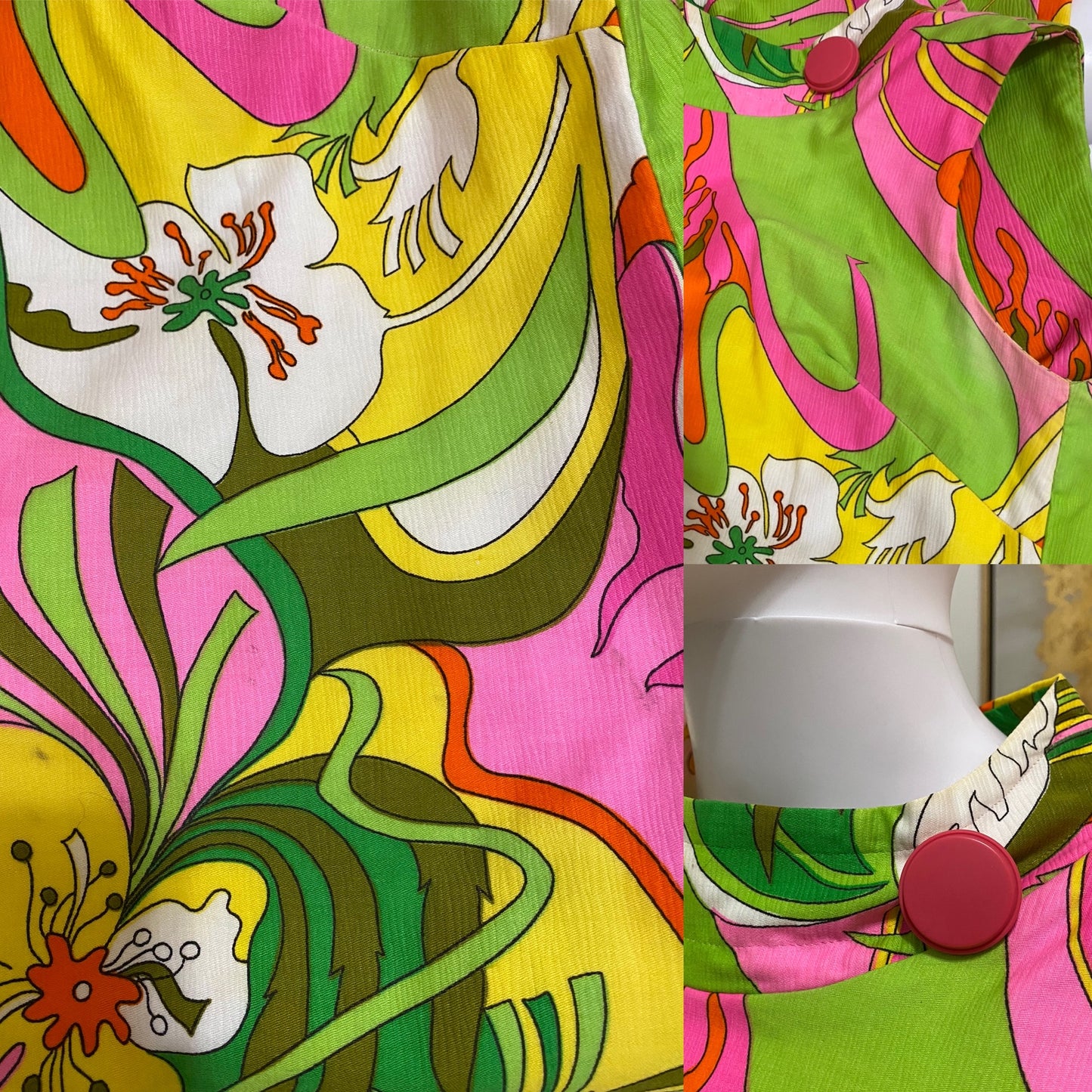 60s-70s Abstract Floral Mod Shift Dress (M)
