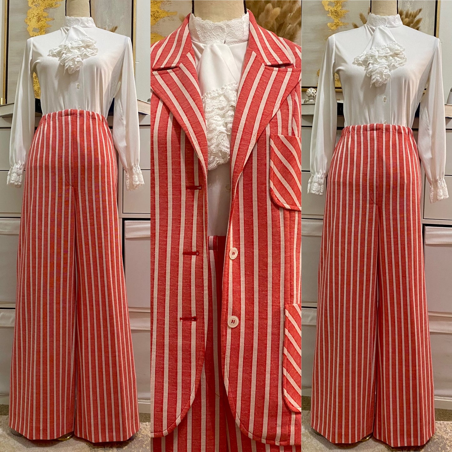 70's Red Stripe Wide Leg Bell Bottom Pantsuit - 2 piece Set (M-L)