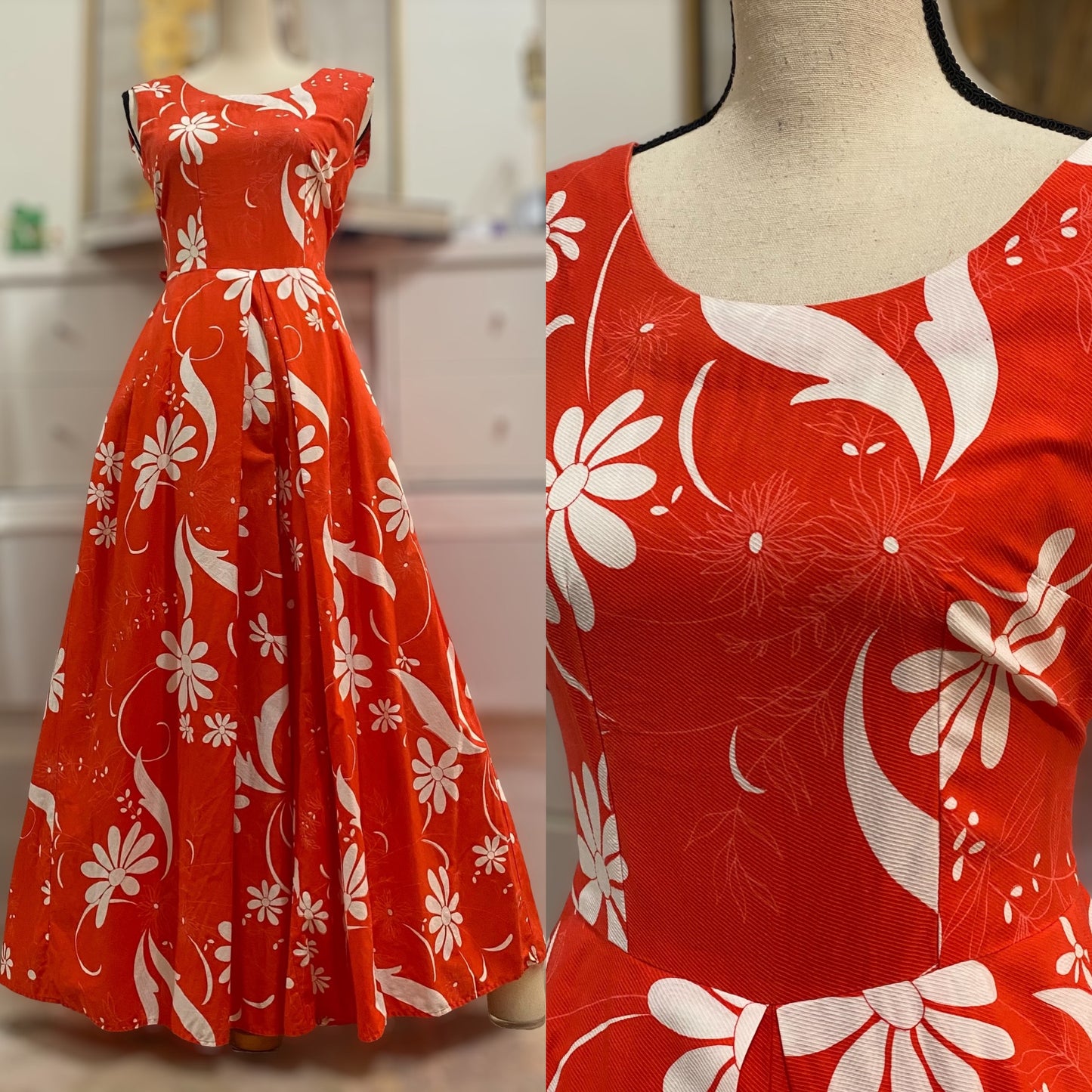 60s-70s Coral Floral Palazzo Jumpsuit (S, 26"-27"W)