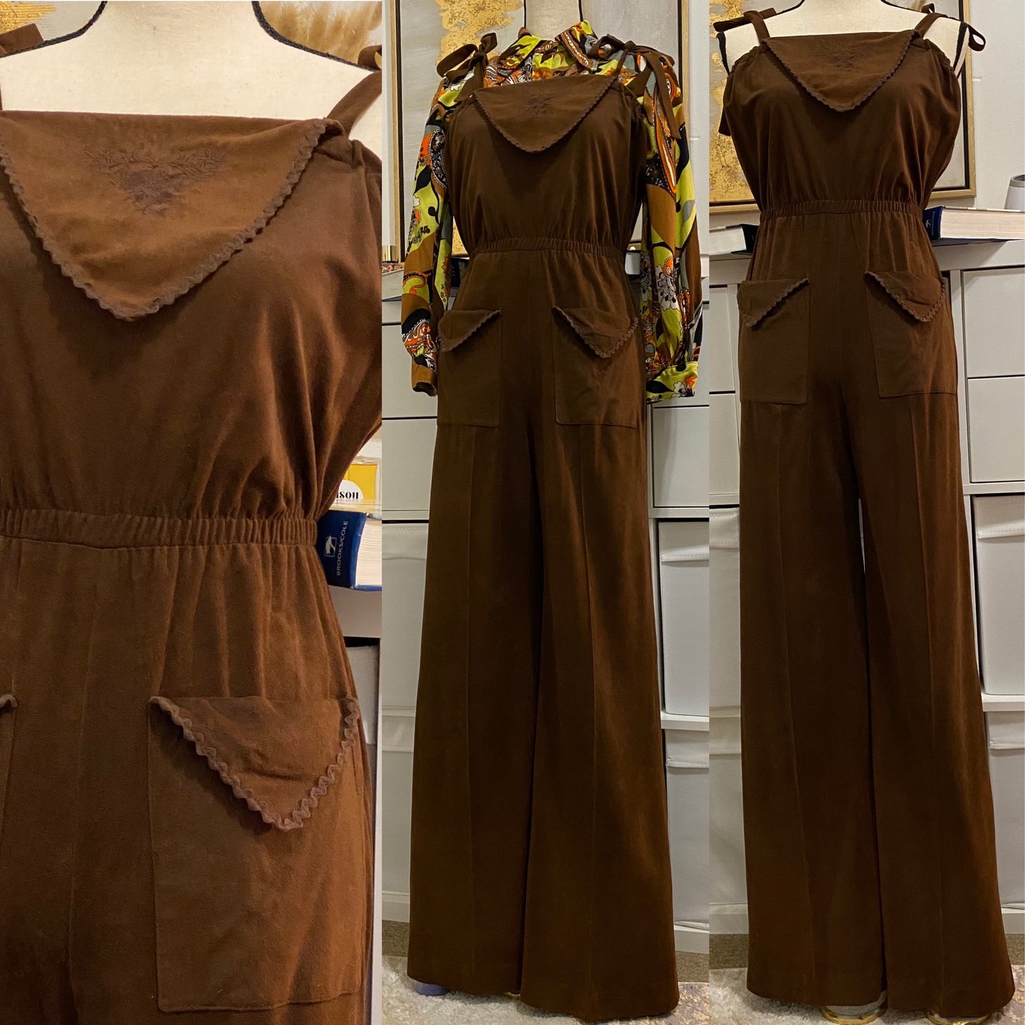 70's Suede/Velveteen Wide Leg Strappy Jumpsuit (M-L)