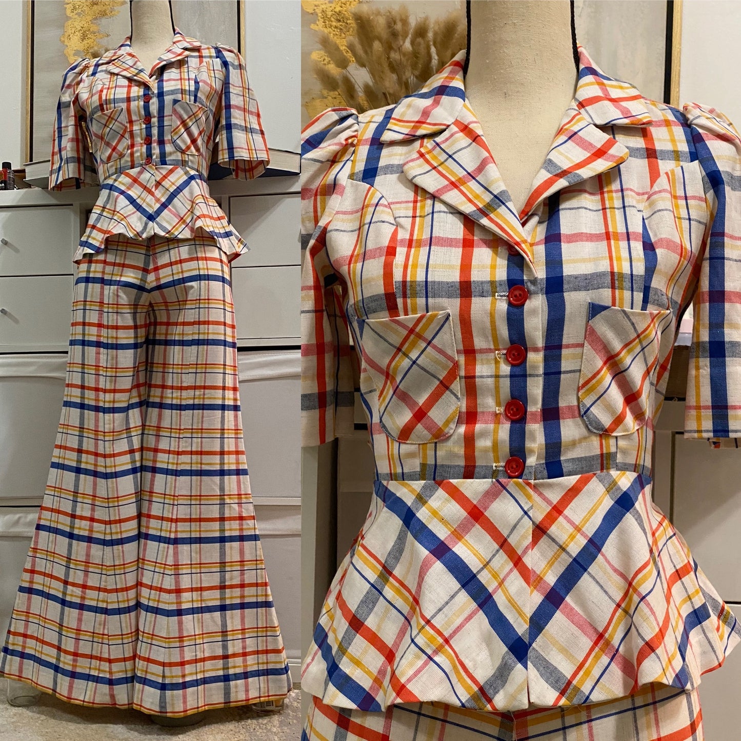 70s does 40s Cotton Plaid 2PC Bell Bottom Pantsuit (XS, 24"W)