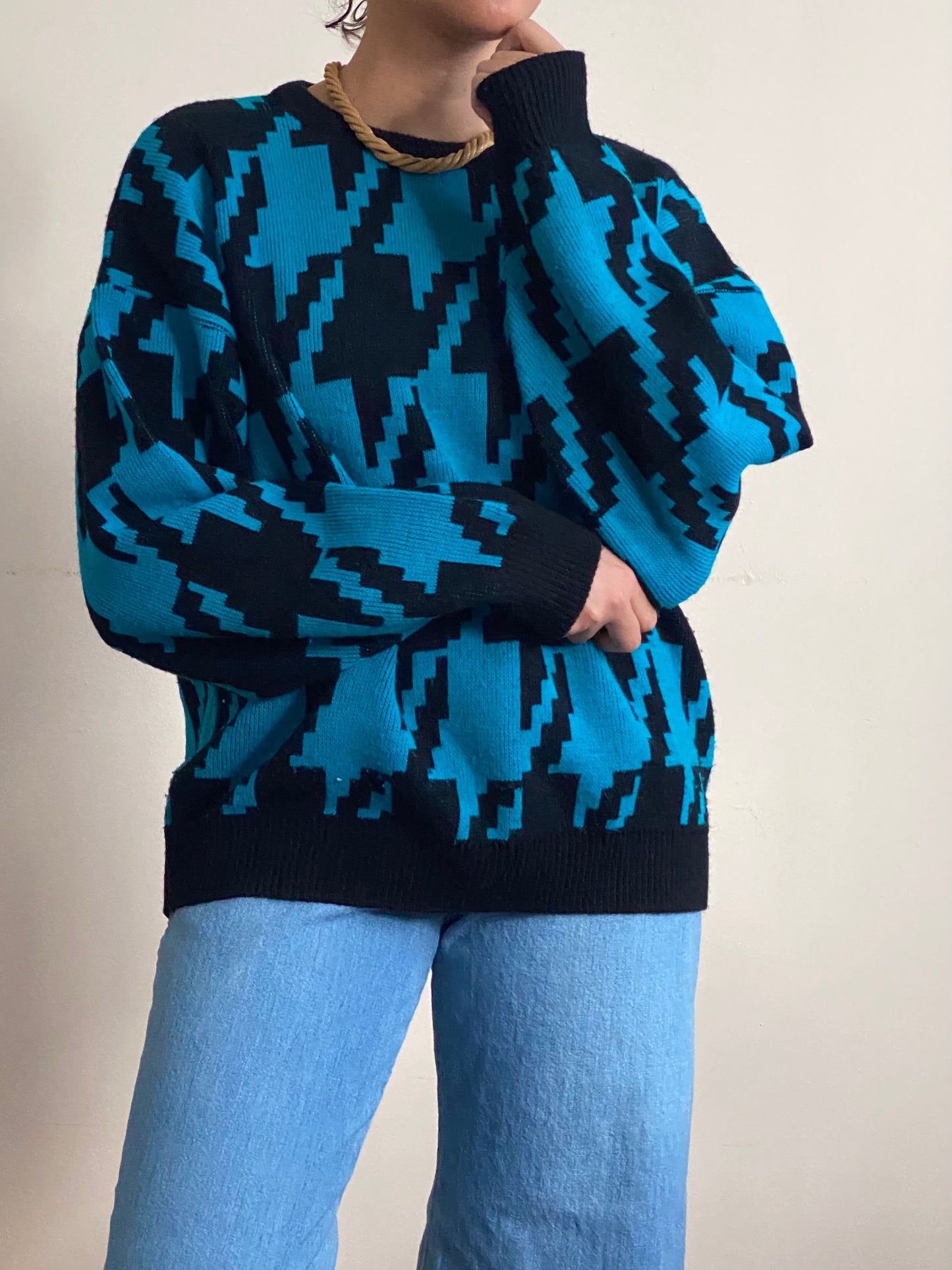 80's Geometric Long Sleeve Knit Sweater (M)