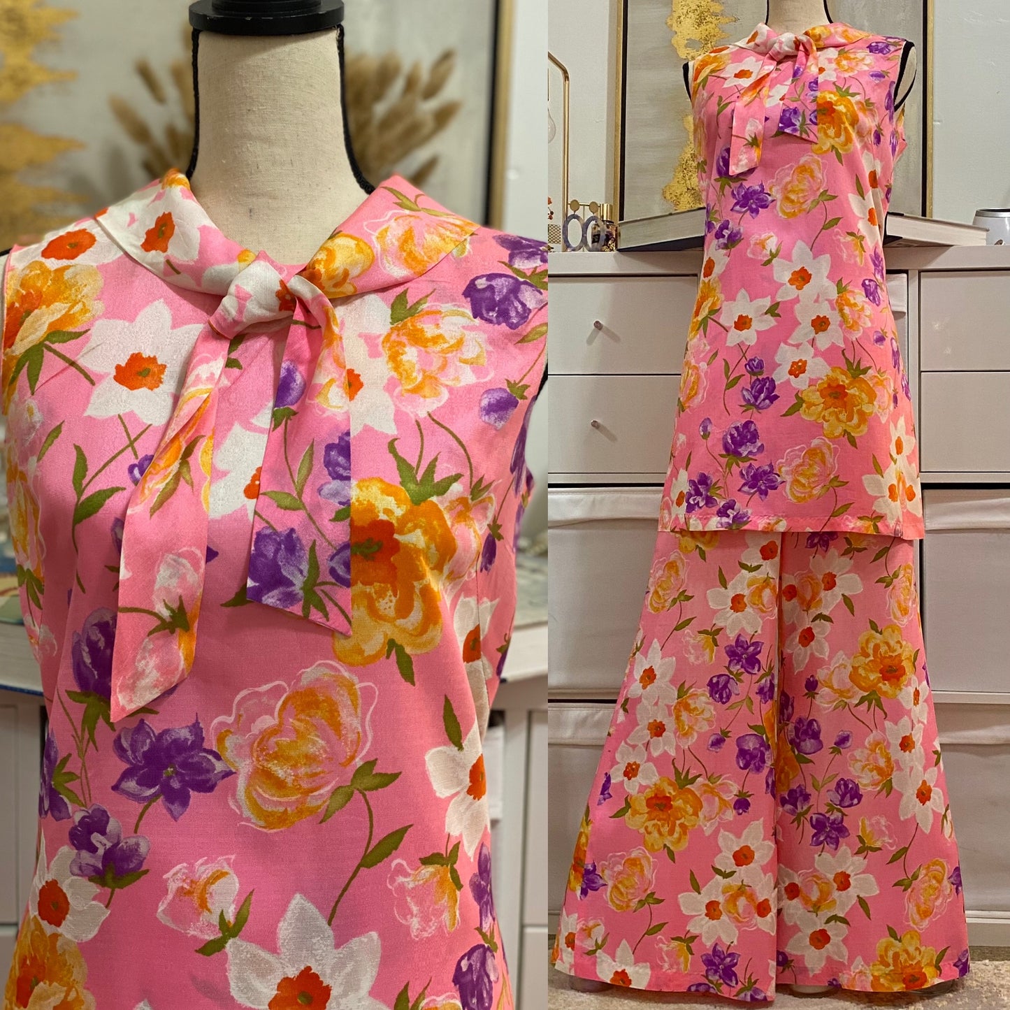 60's Floral Pantsuit - Mini Dress Top & Flared Bell Bottoms (S-L)