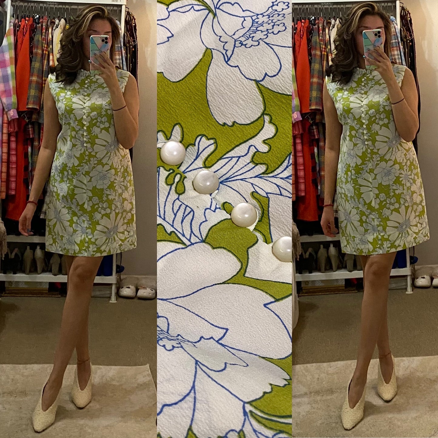 60's-70's Floral Crepe Shift Dress (M-L)