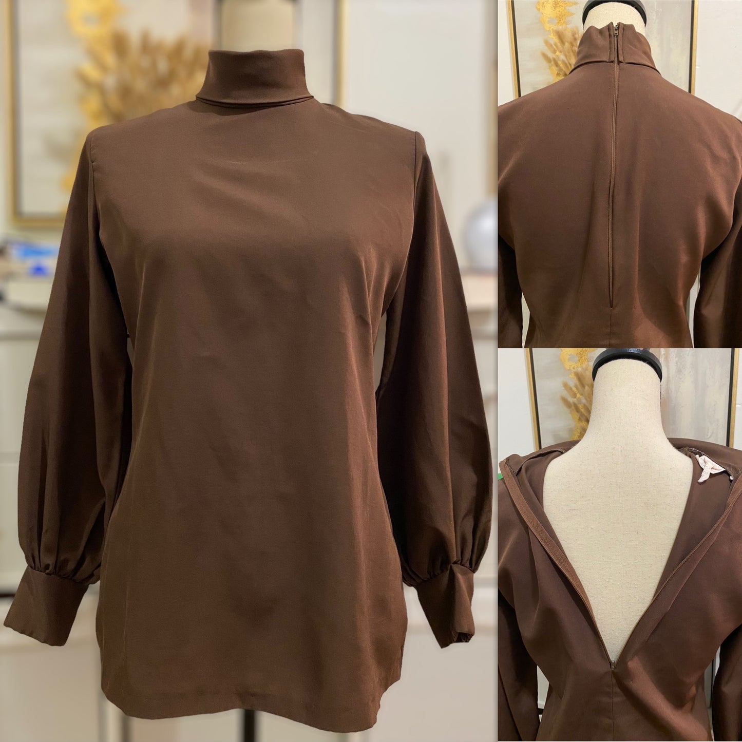 70s Mocha Puffy Sleeve, Mock Neck Blouse (S-M)