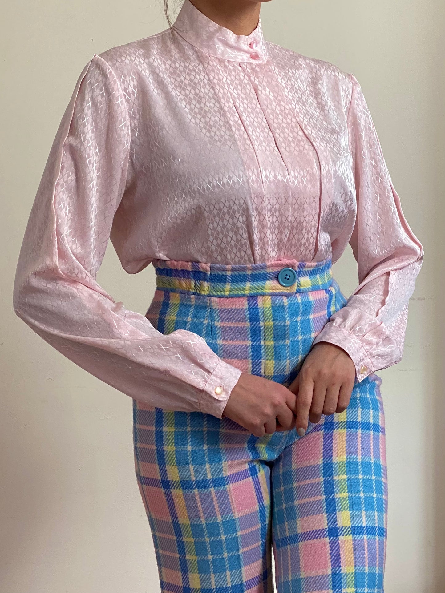 80's Pleated Front High Mock Neck Blouse (S)