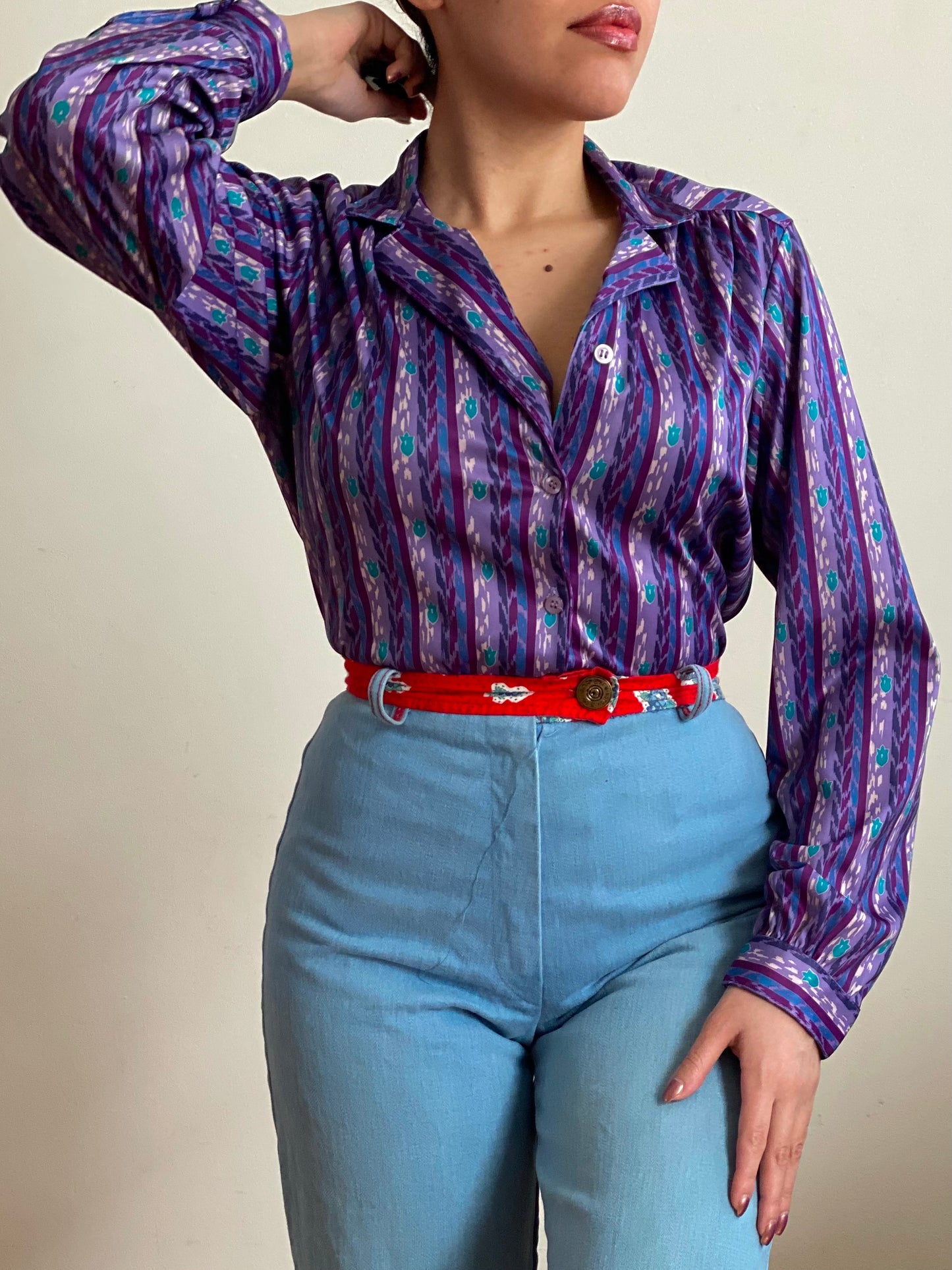 70's Purple Abstract Long Sleeve Blouse (S-M)