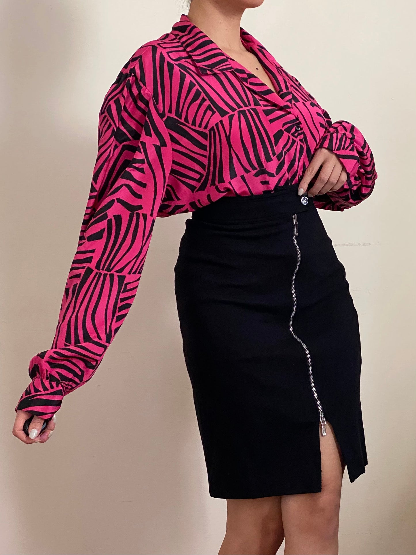80's Fuchsia Tiger Print Oversized Blouse (XL)