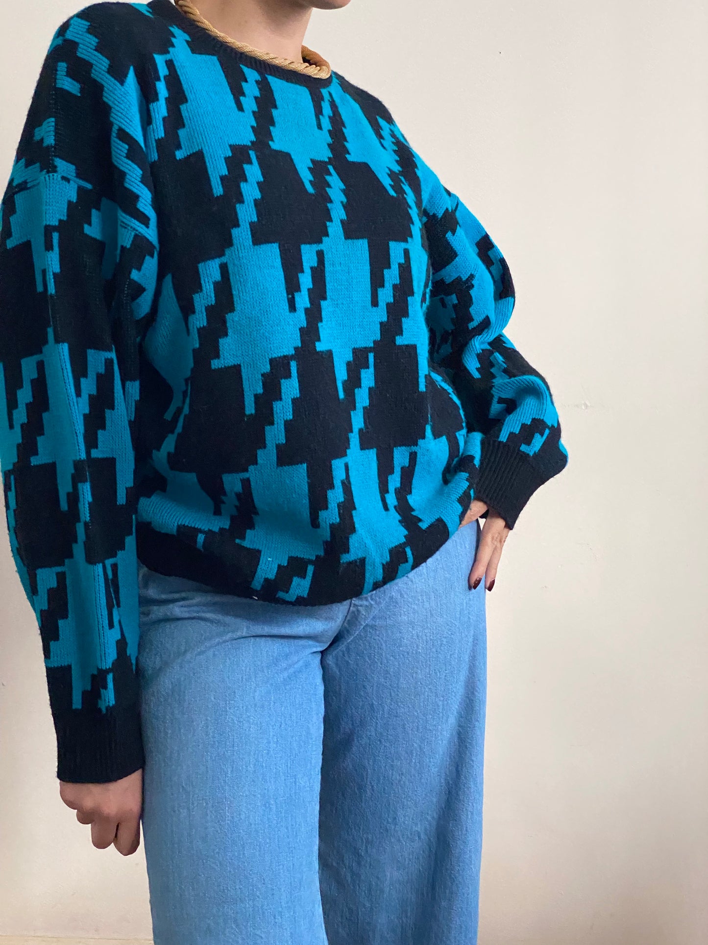 80's Geometric Long Sleeve Knit Sweater (M)