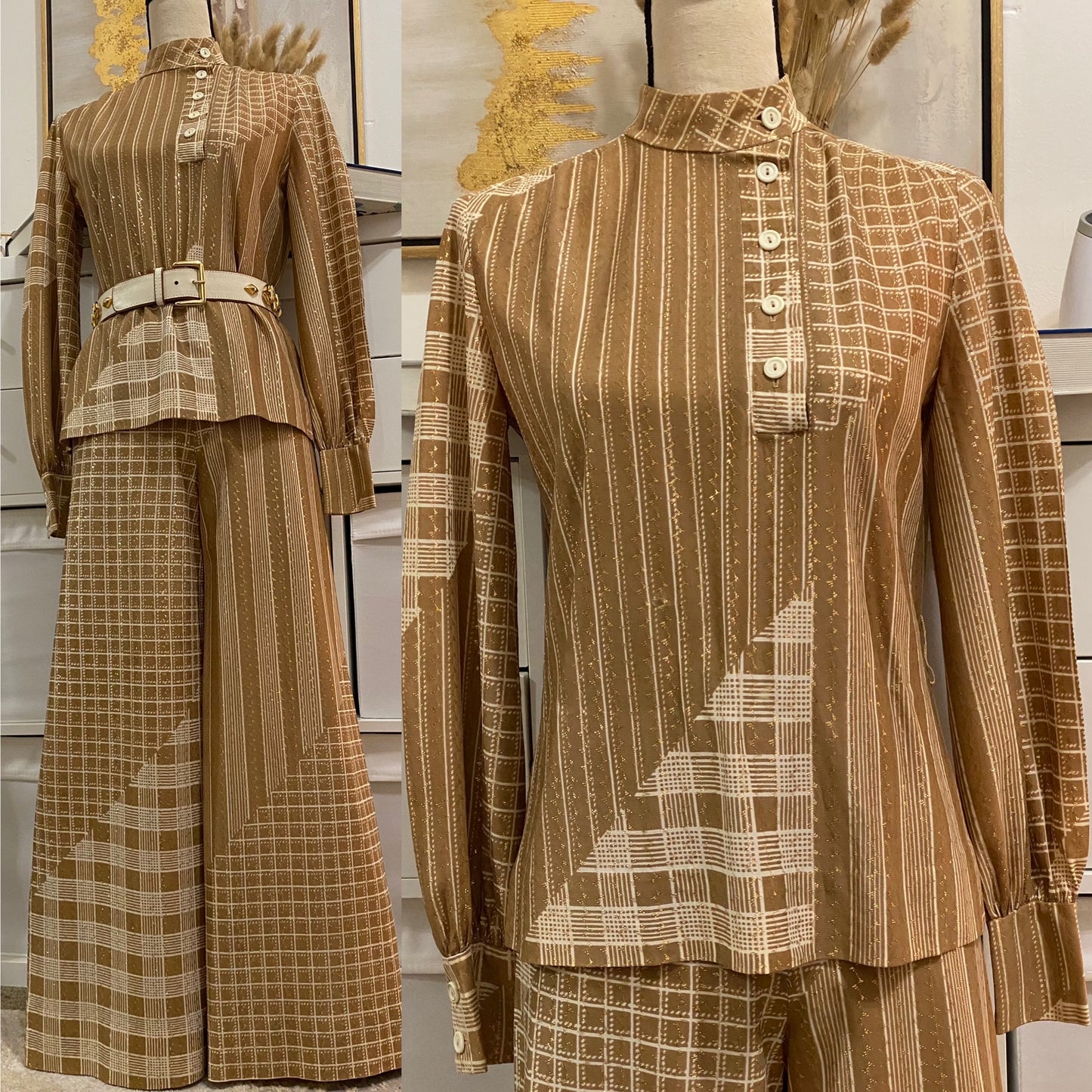 60s 70s 2-piece set with gold and brown accents Huey waltzer bell bottom wide leg flare