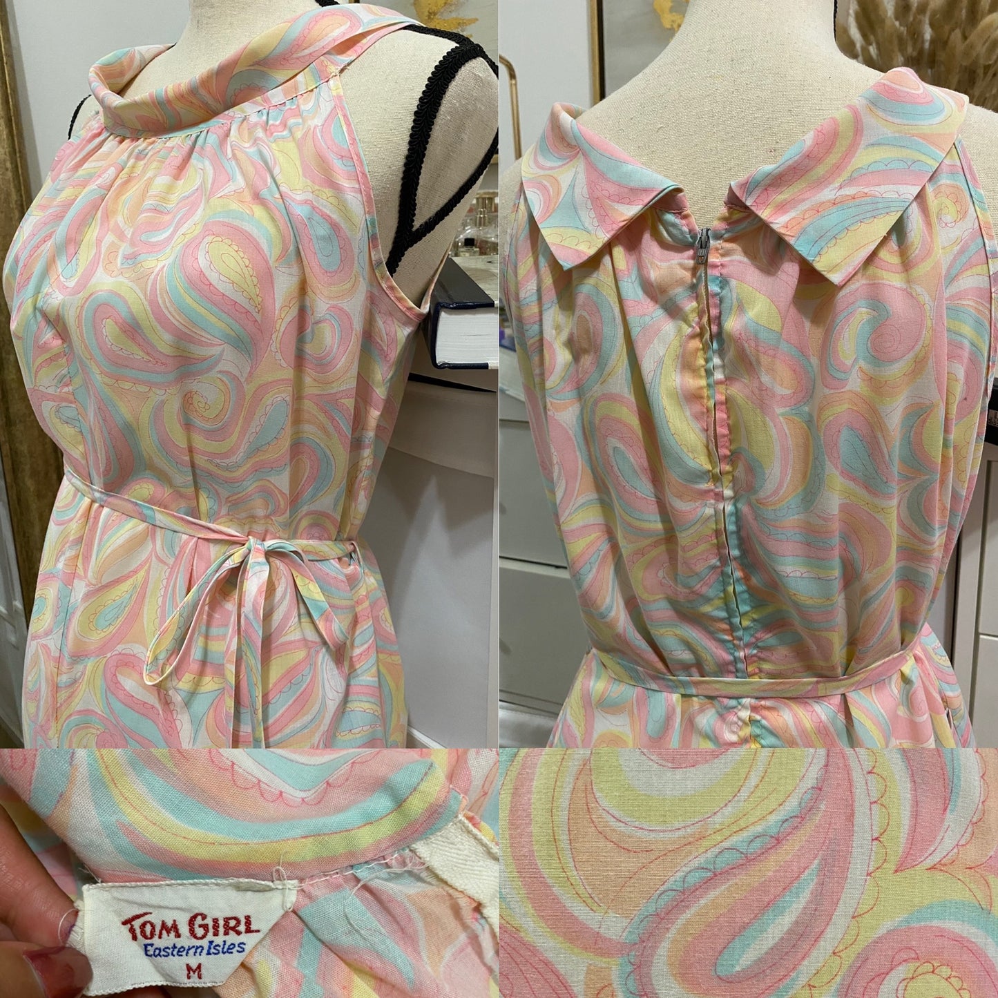 60's-70's Cotton Pastel Psychedelic, Cowl Neck, Wide Leg Jumpsuit (L)