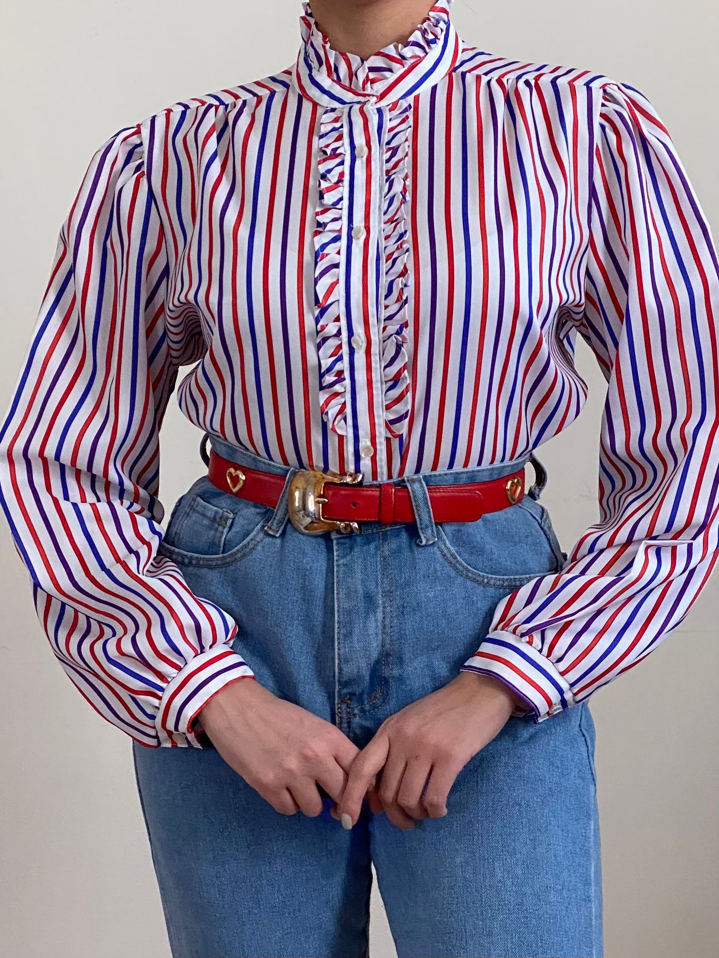 70's Striped Ruffle Long Puffy Sleeve Top (S-M)