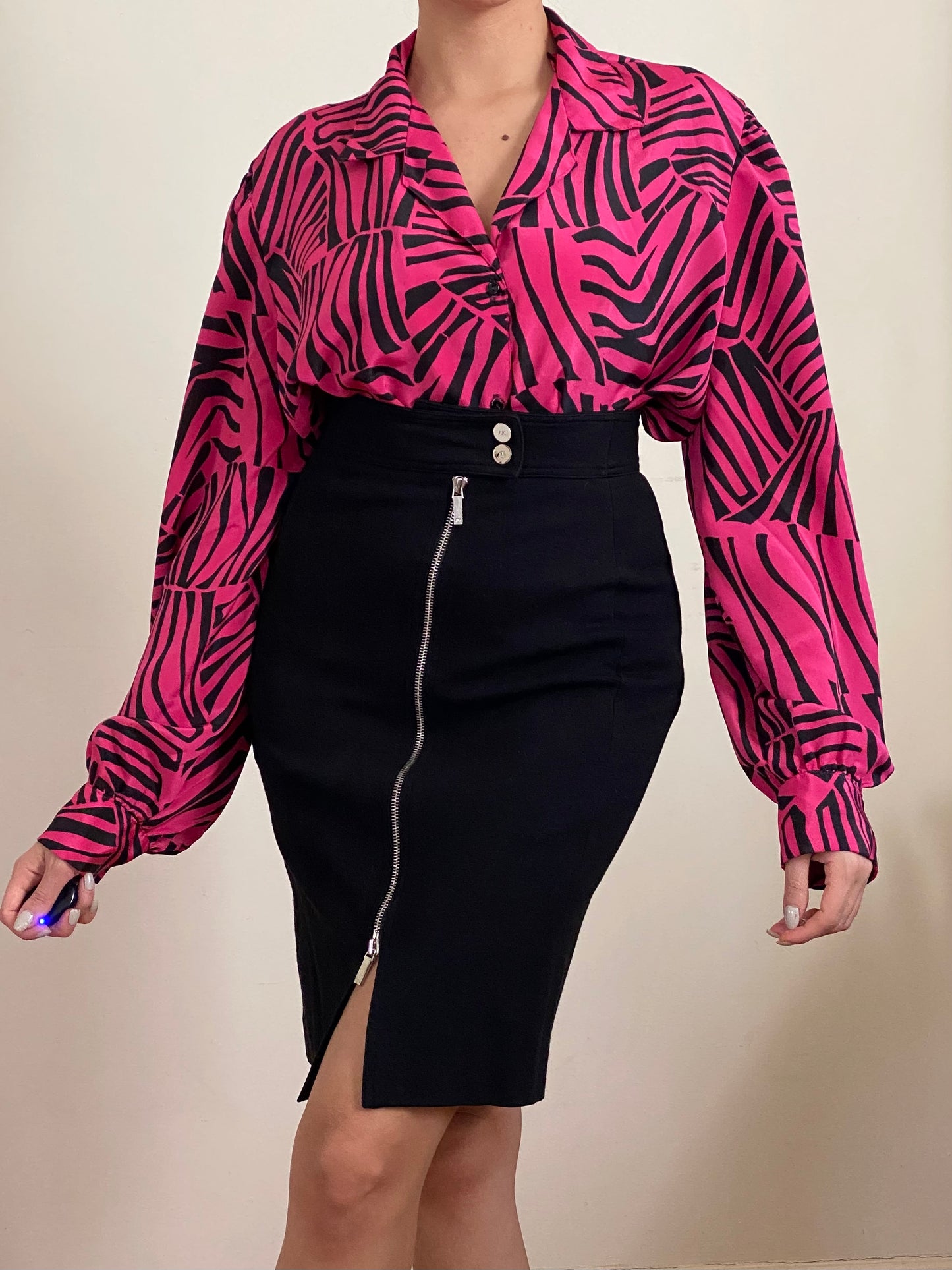 80's Fuchsia Tiger Print Oversized Blouse (XL)