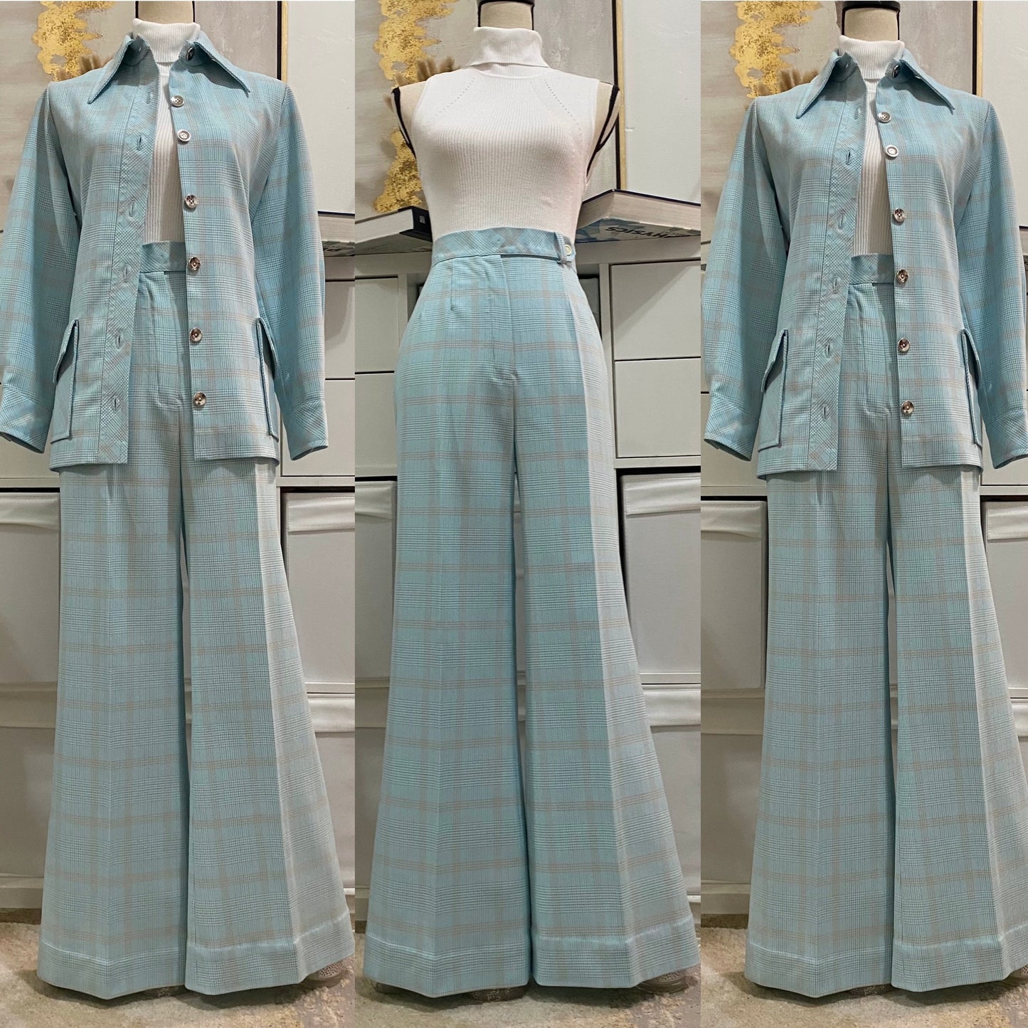 70's Blue Plaid 2Pc Bell Bottom Pantsuit (M, 29"W)