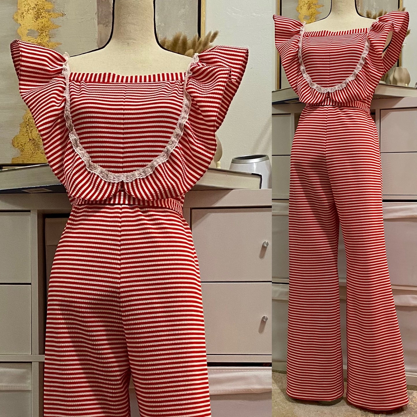70's Striped Wide Leg Jumpsuit w/ Ruffle & Lace (L)