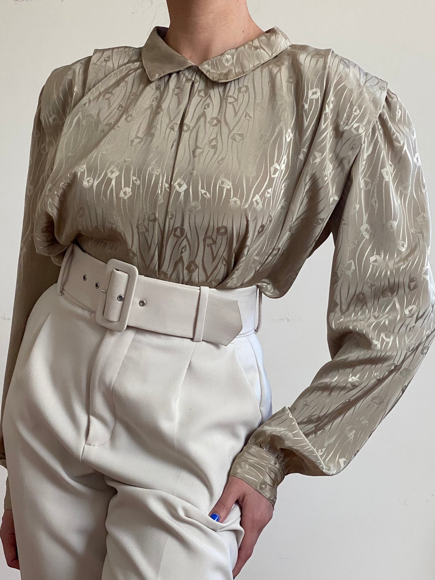 80's Golden Olive Peter Pan Collar Pleated Blouse (M-XL)